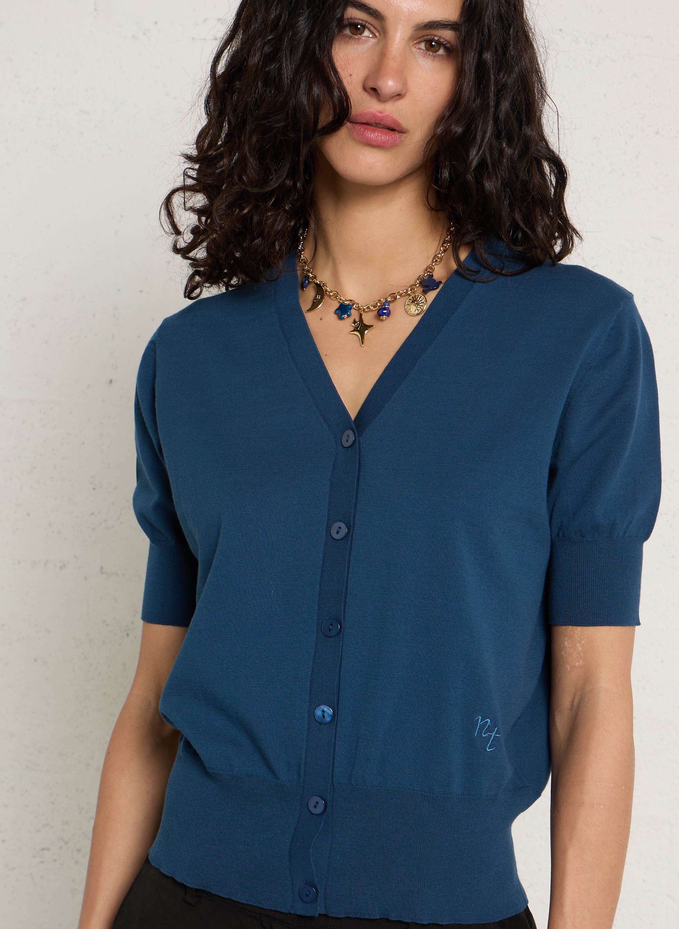 Gilet droit col V brodé en coton NICE THINGS Bleu