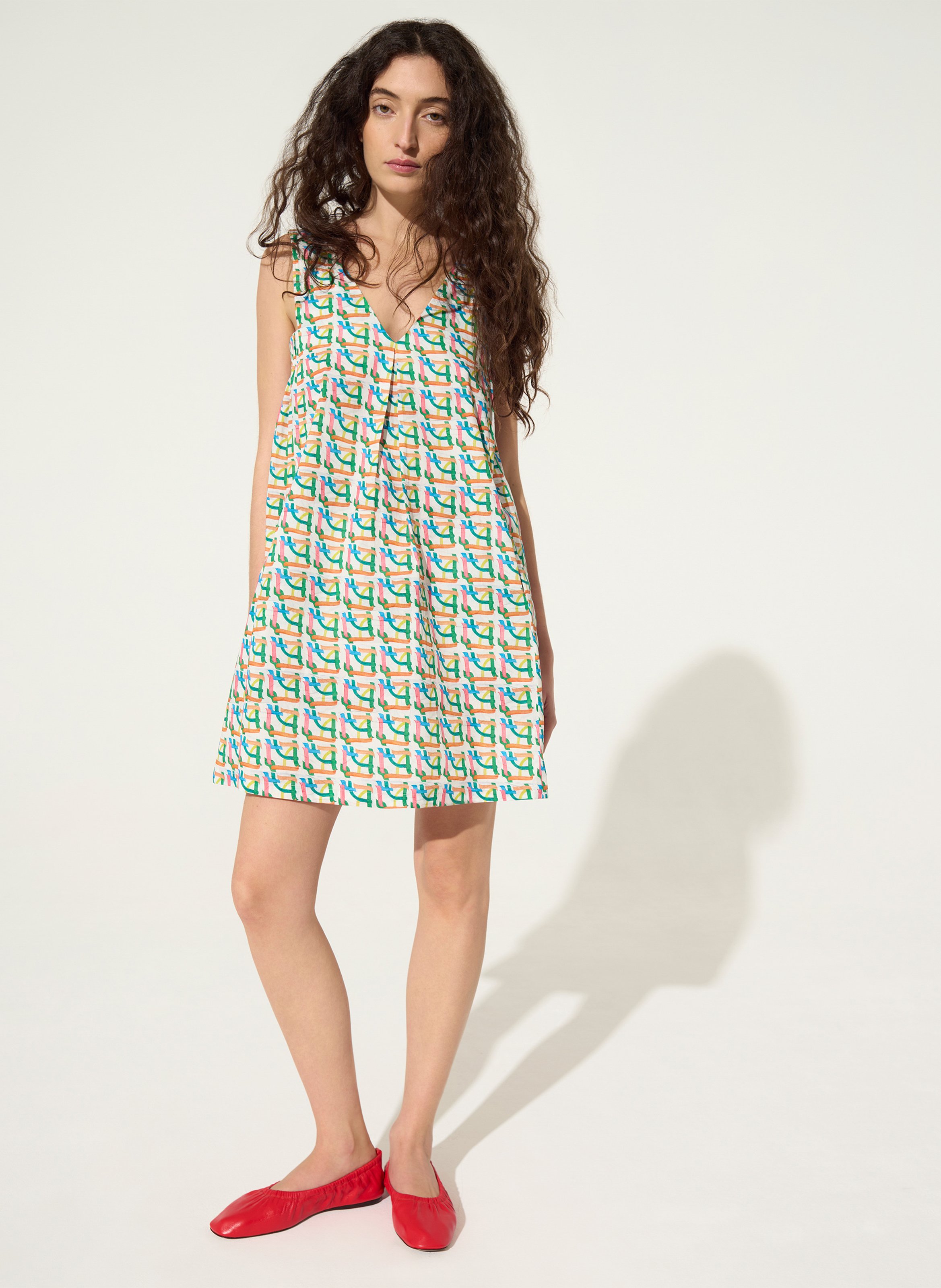 Kurzes ausgestelltes bedrucktes Baumwollkleid COTELAC ACOTE Weiss