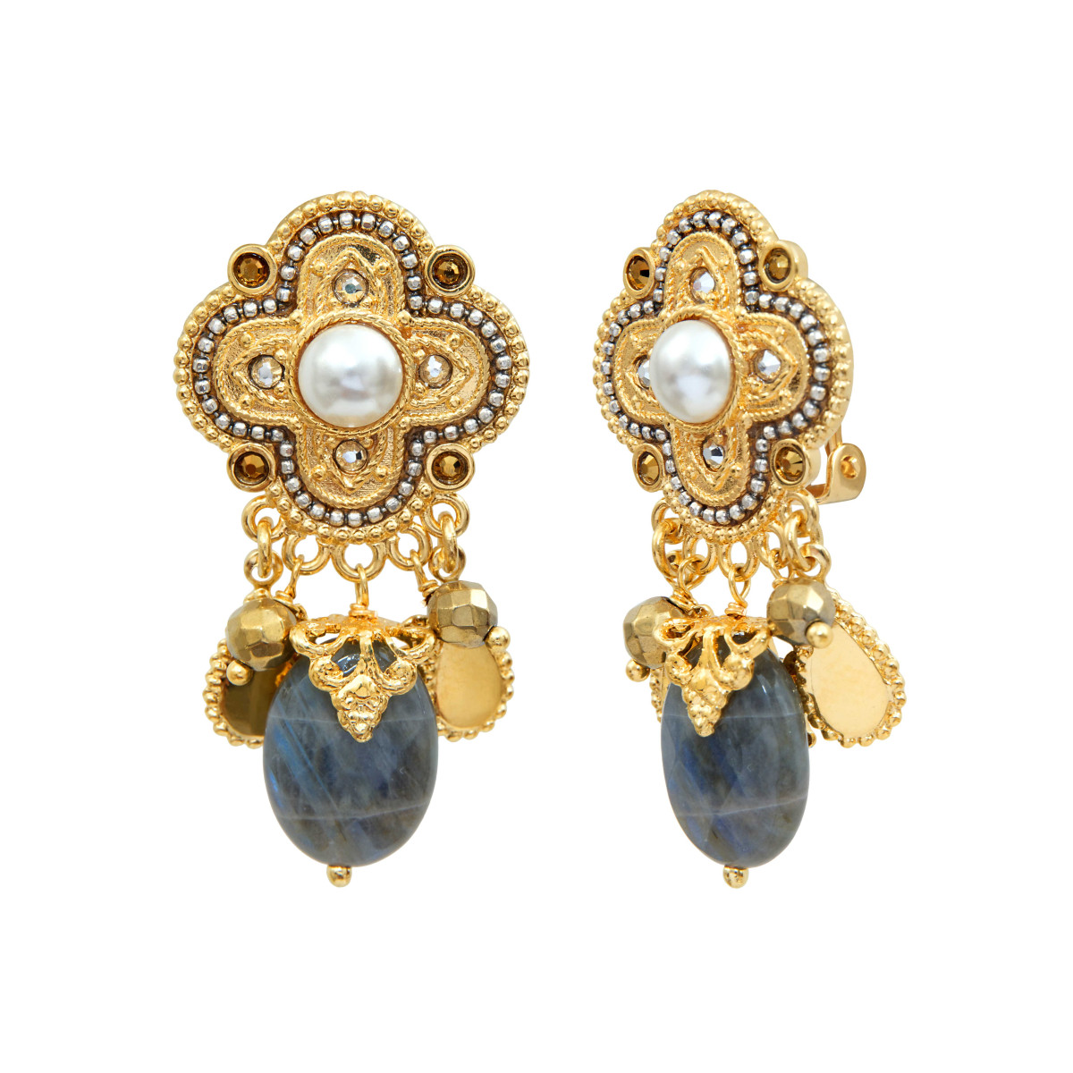 Earrings clips Positano labradorite and pearly cabochon SATELLITE PARIS Grey