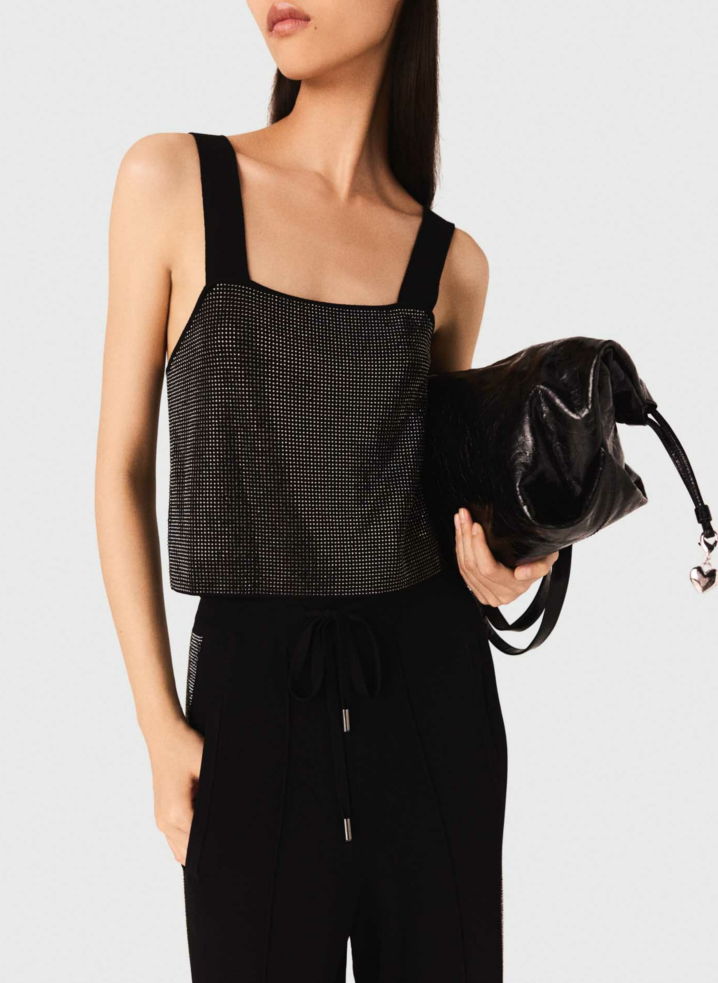 Top court col carré à strass MAJE Noir