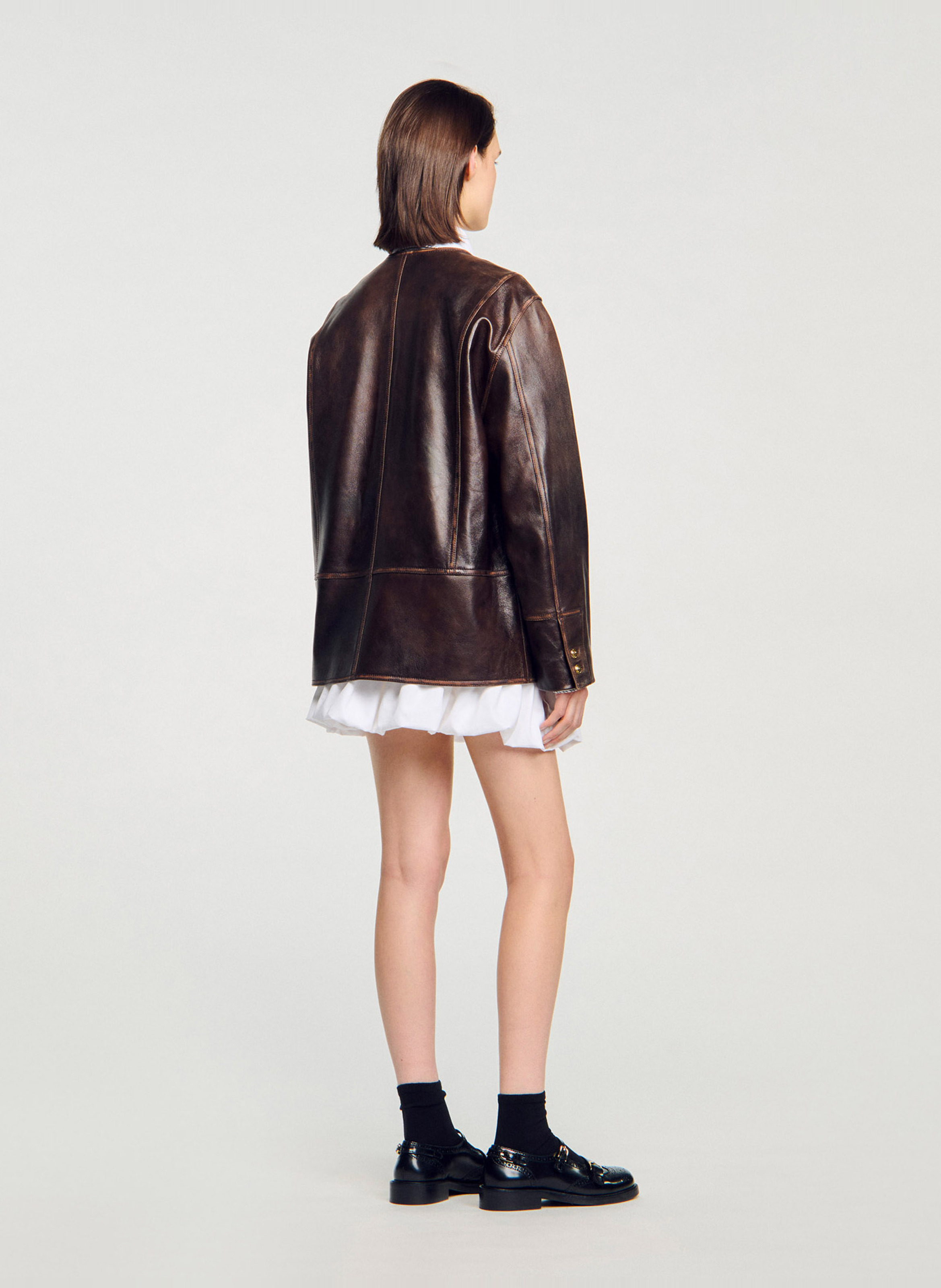 Blouson col rond en cuir SANDRO Marron