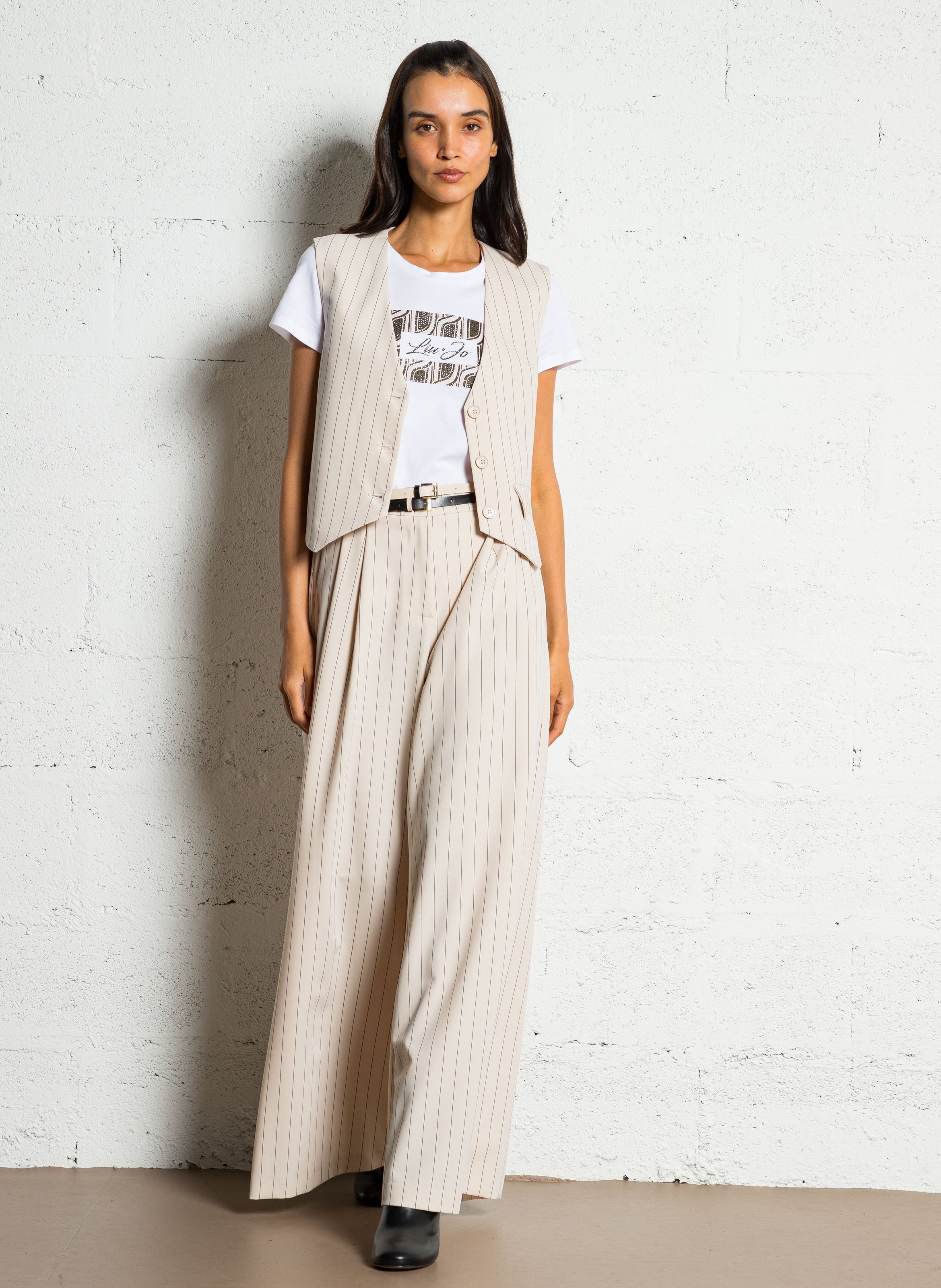 Wide-leg striped pants with double belt IMPERIAL Beige