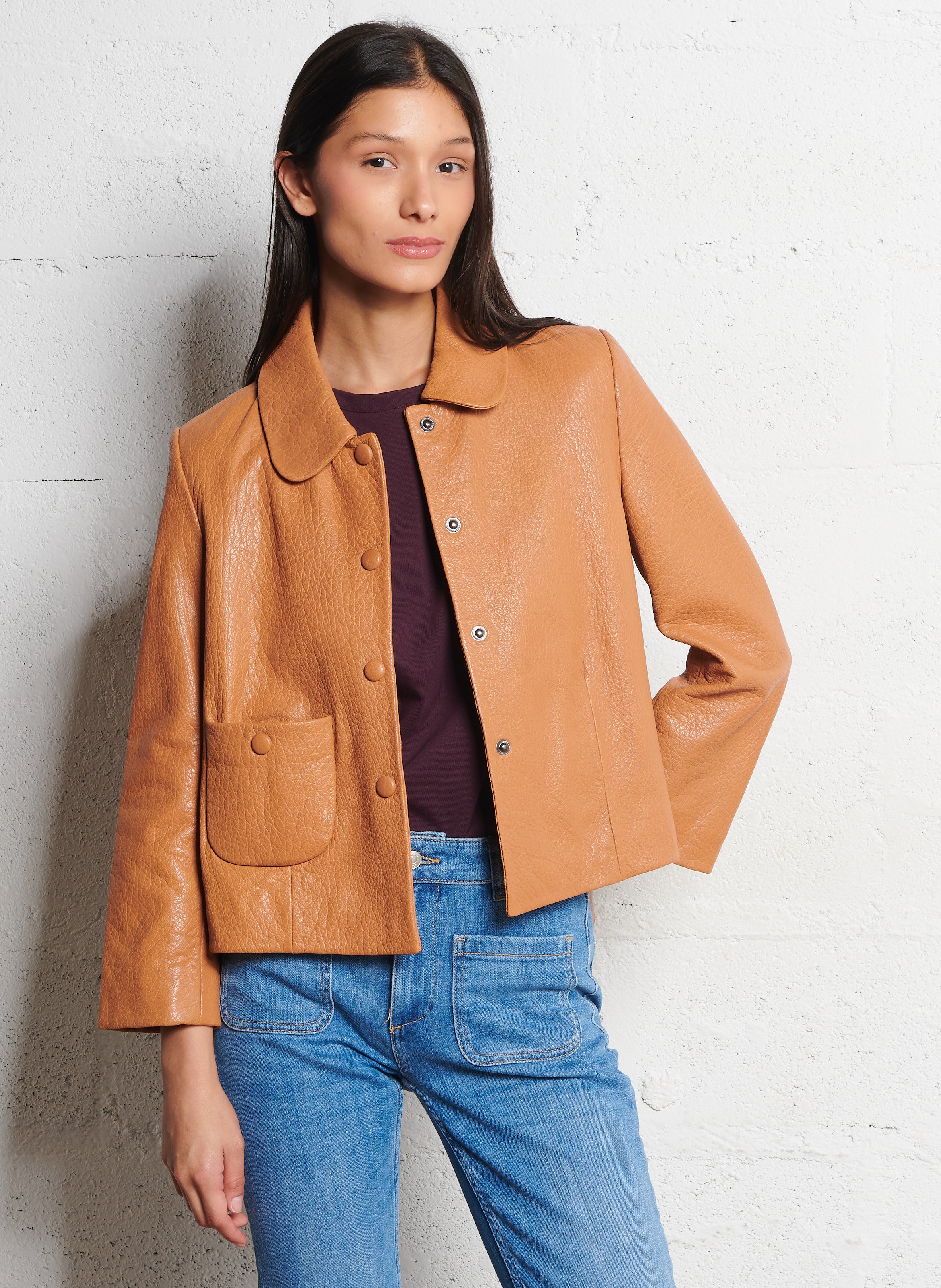 Veste col classique en cuir BA&SH Marron