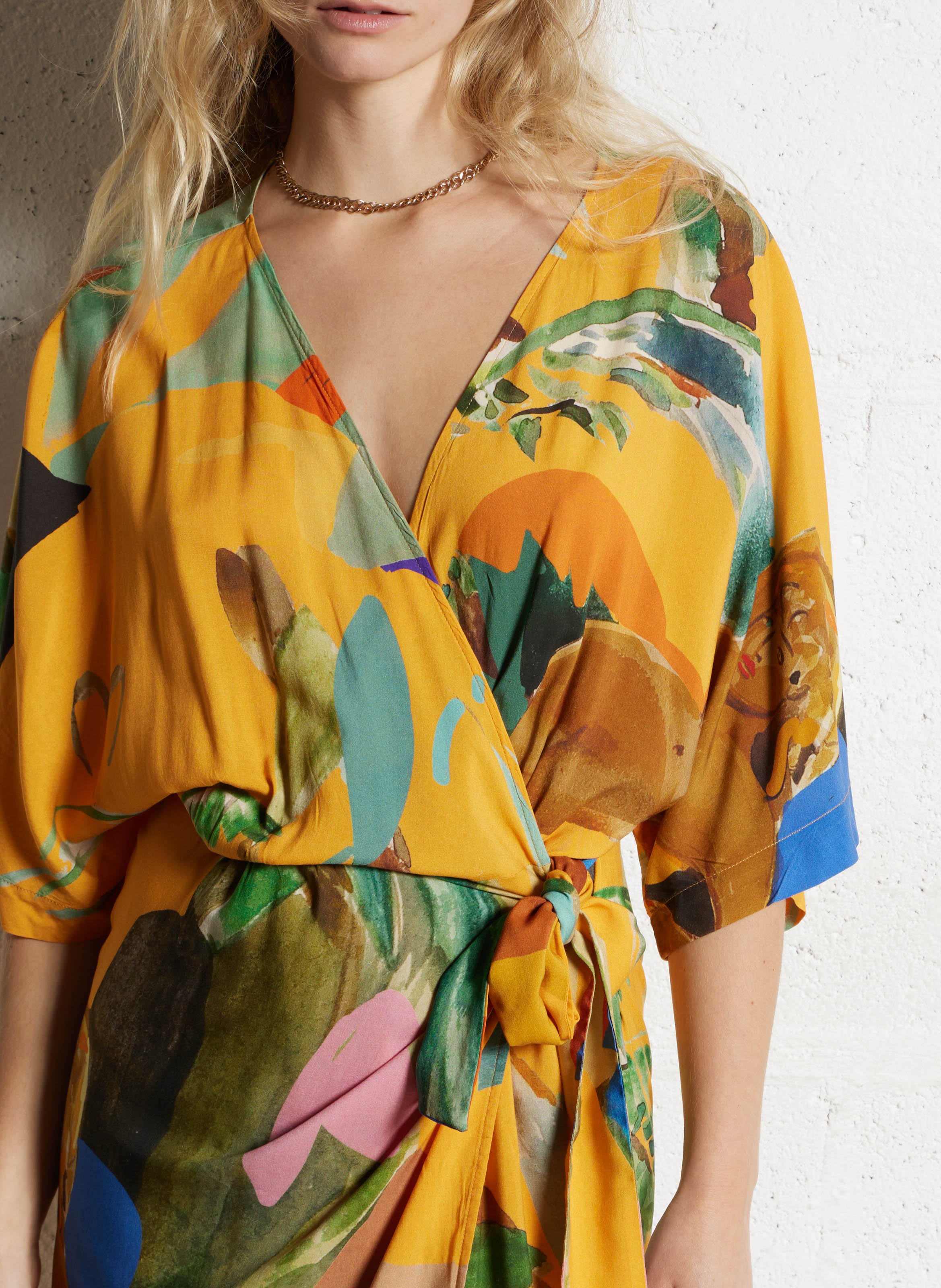 Langes Kleid mit V-Ausschnitt und Tropen-Print G.KERO Orange