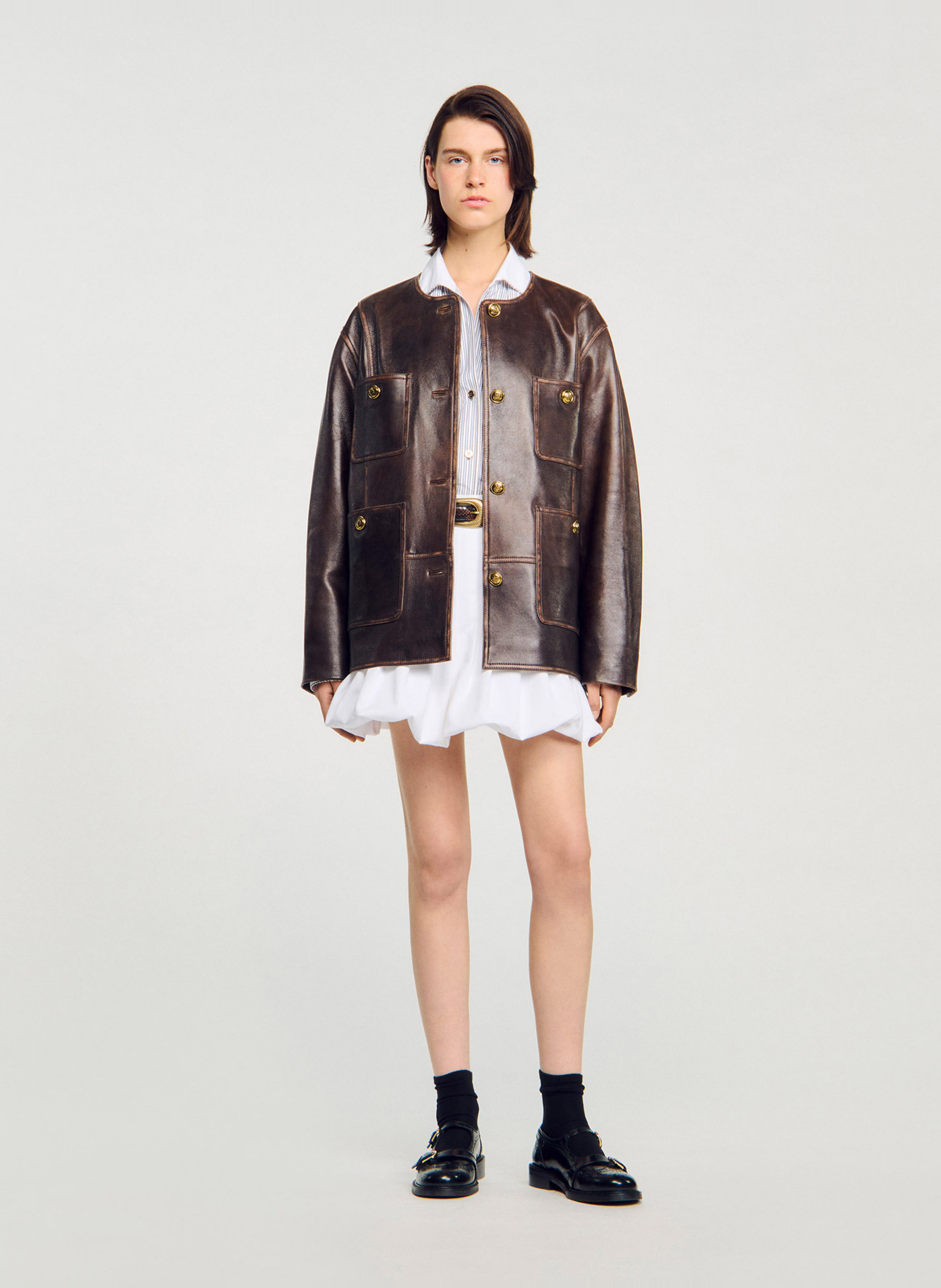 Blouson col rond en cuir SANDRO Marron