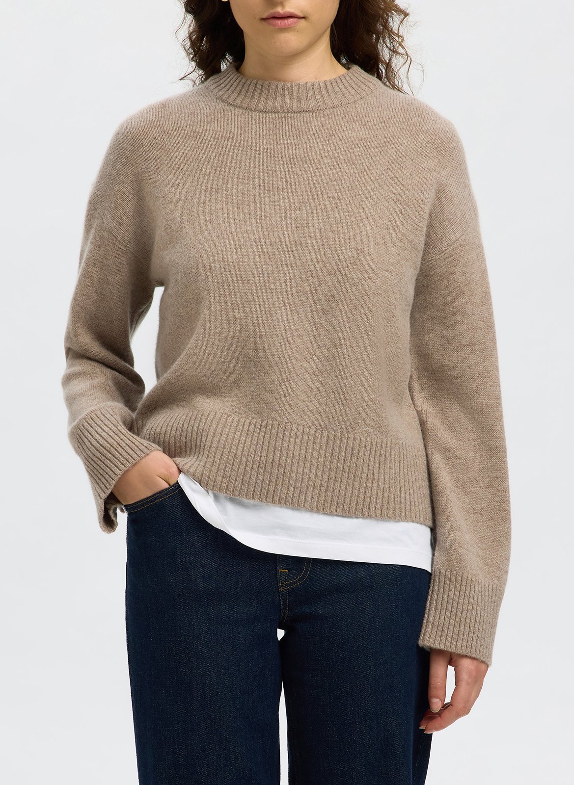 Pull droit col montant en laine et cachemire SELECTED Marron