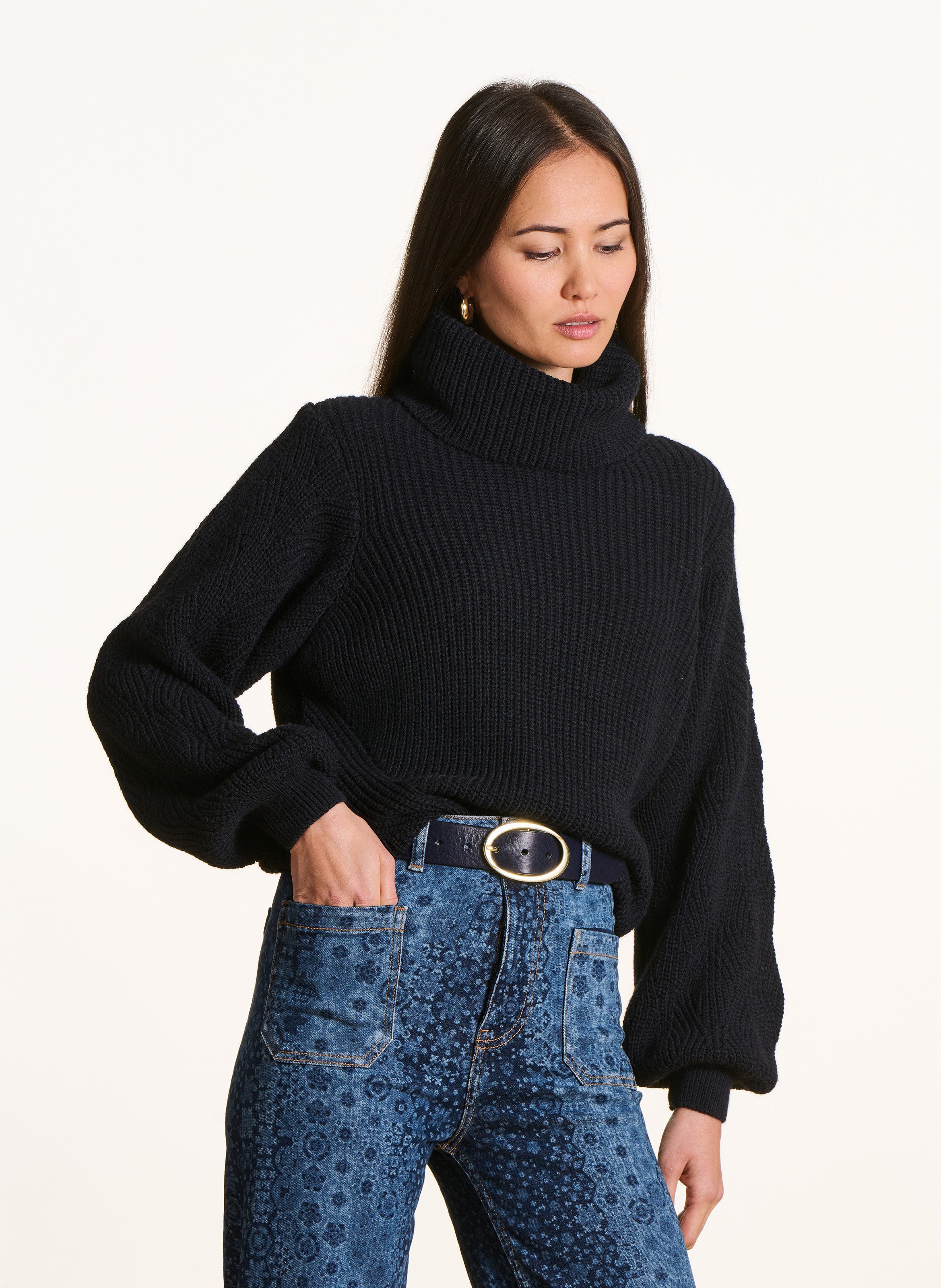 Gerade geschnittener Rollkragenpullover aus Strick-Mix LA FEE MARABOUTEE Blau