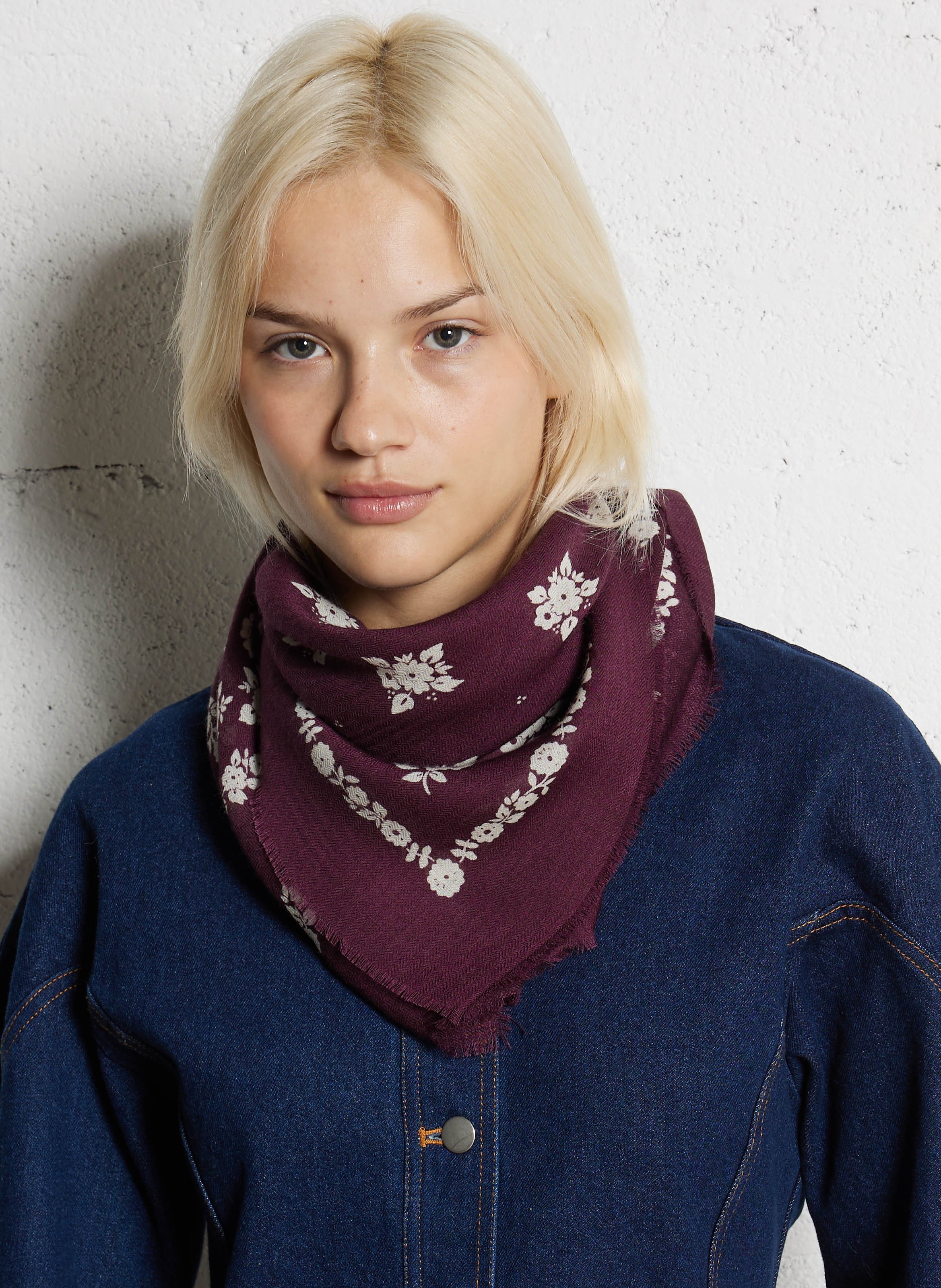 Echarpe motif floral en laine MOISMONT Prune