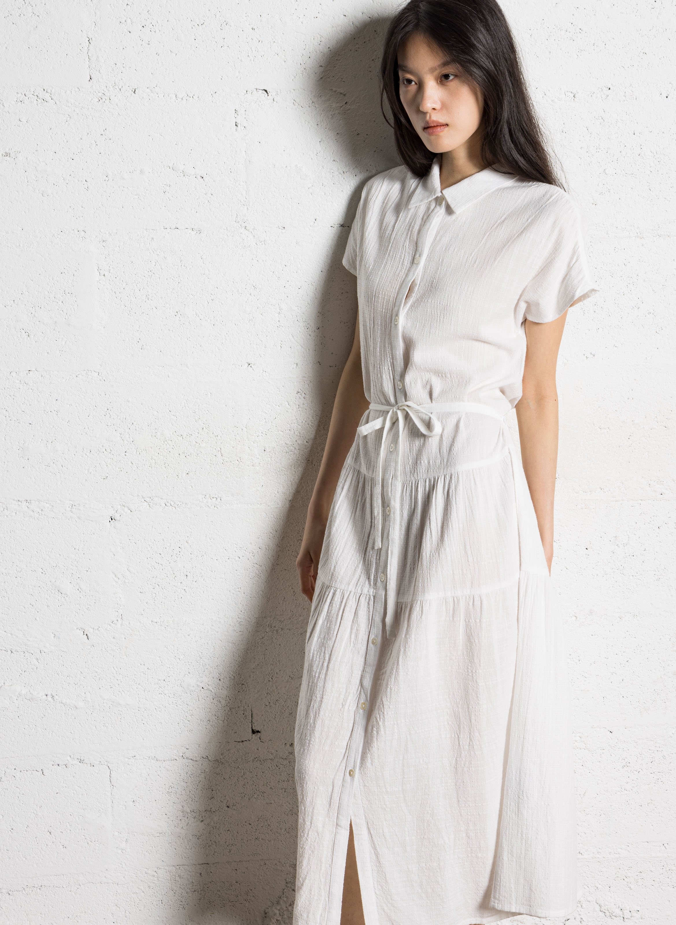 Halflange jurk met V-hals - katoenblend NICE THINGS Wit