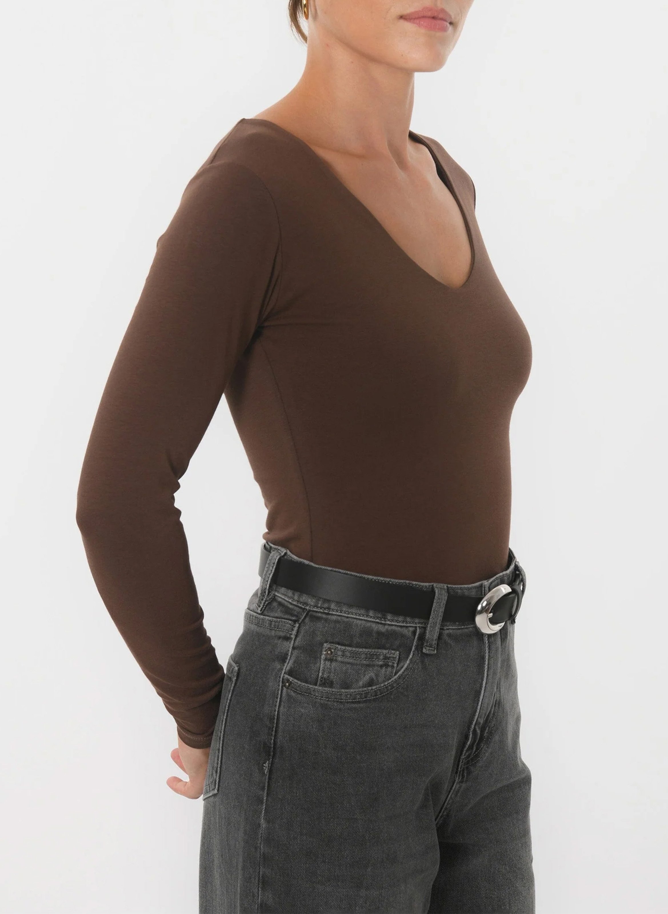 Tee-shirt moulant col V en coton mélangé KOOKAI Marron