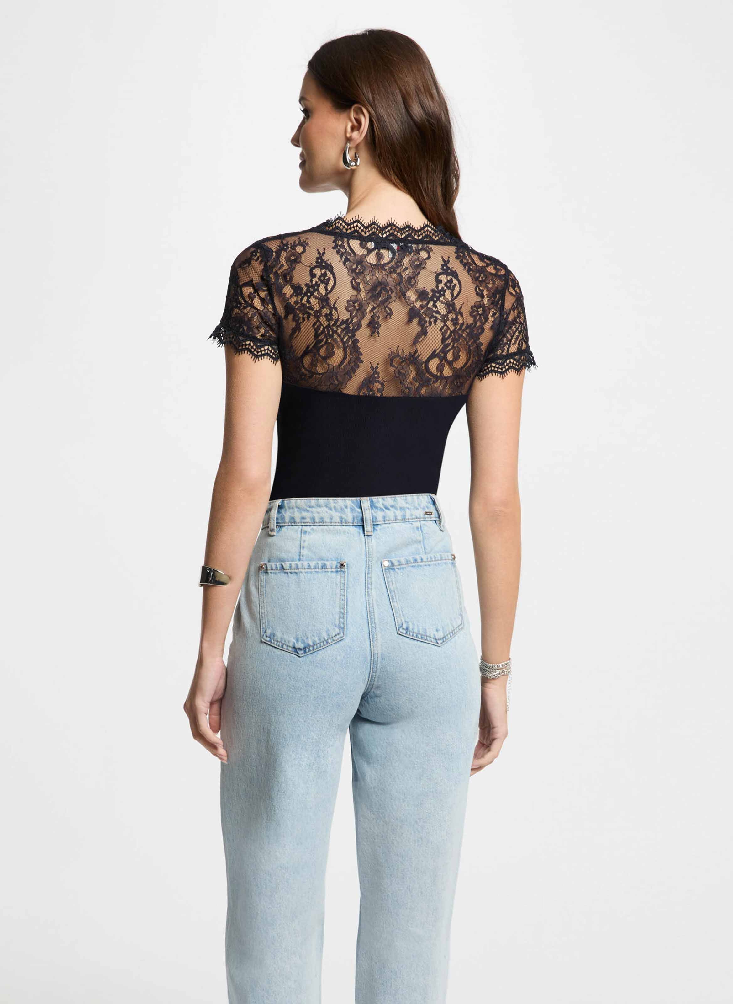 Crepe and lace V-neck t-shirt MORGAN Blue