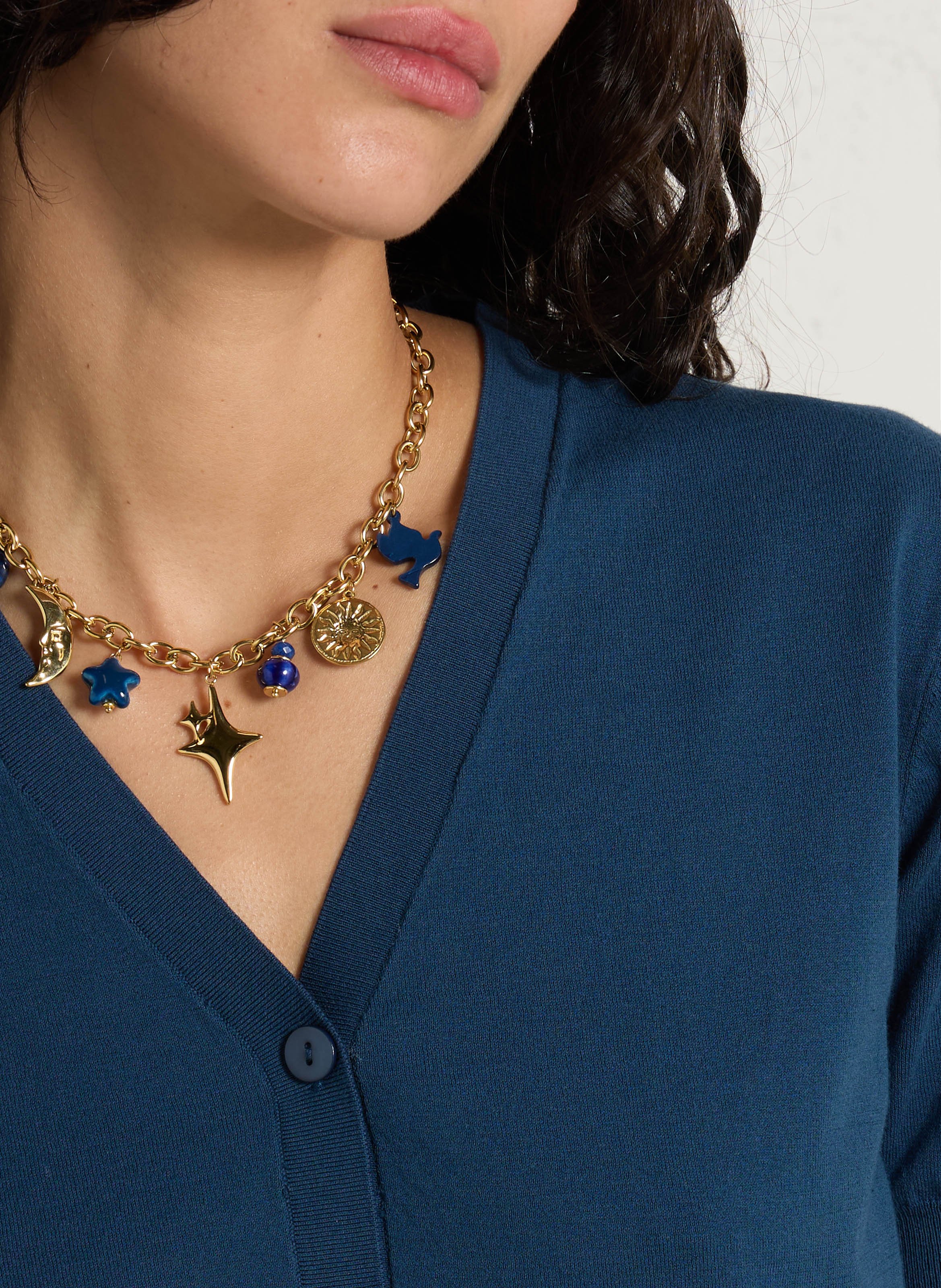 Gilet droit col V brodé en coton NICE THINGS Bleu