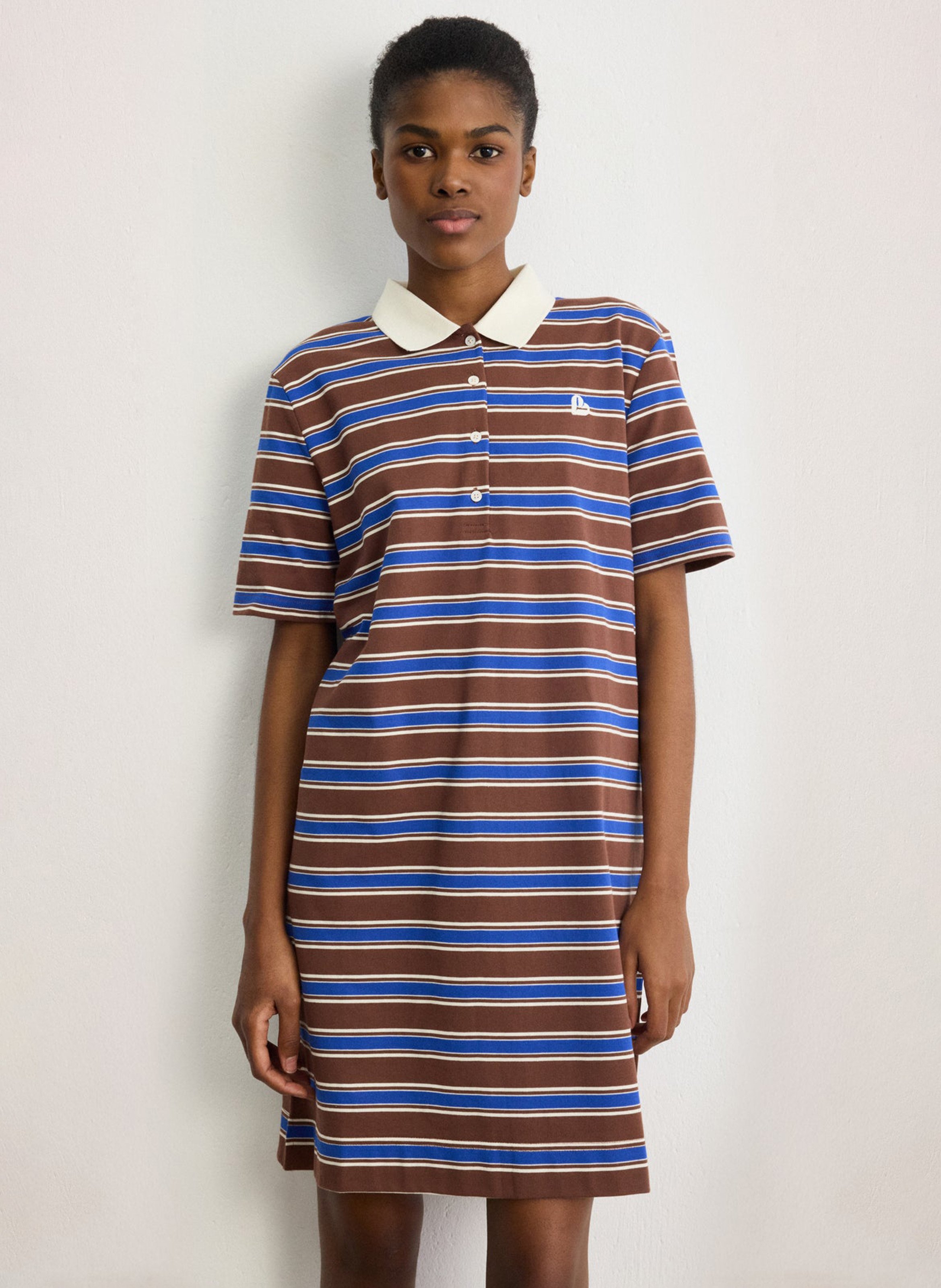 Rechte polojurk van gestreepte katoenmix PABLO Bruin