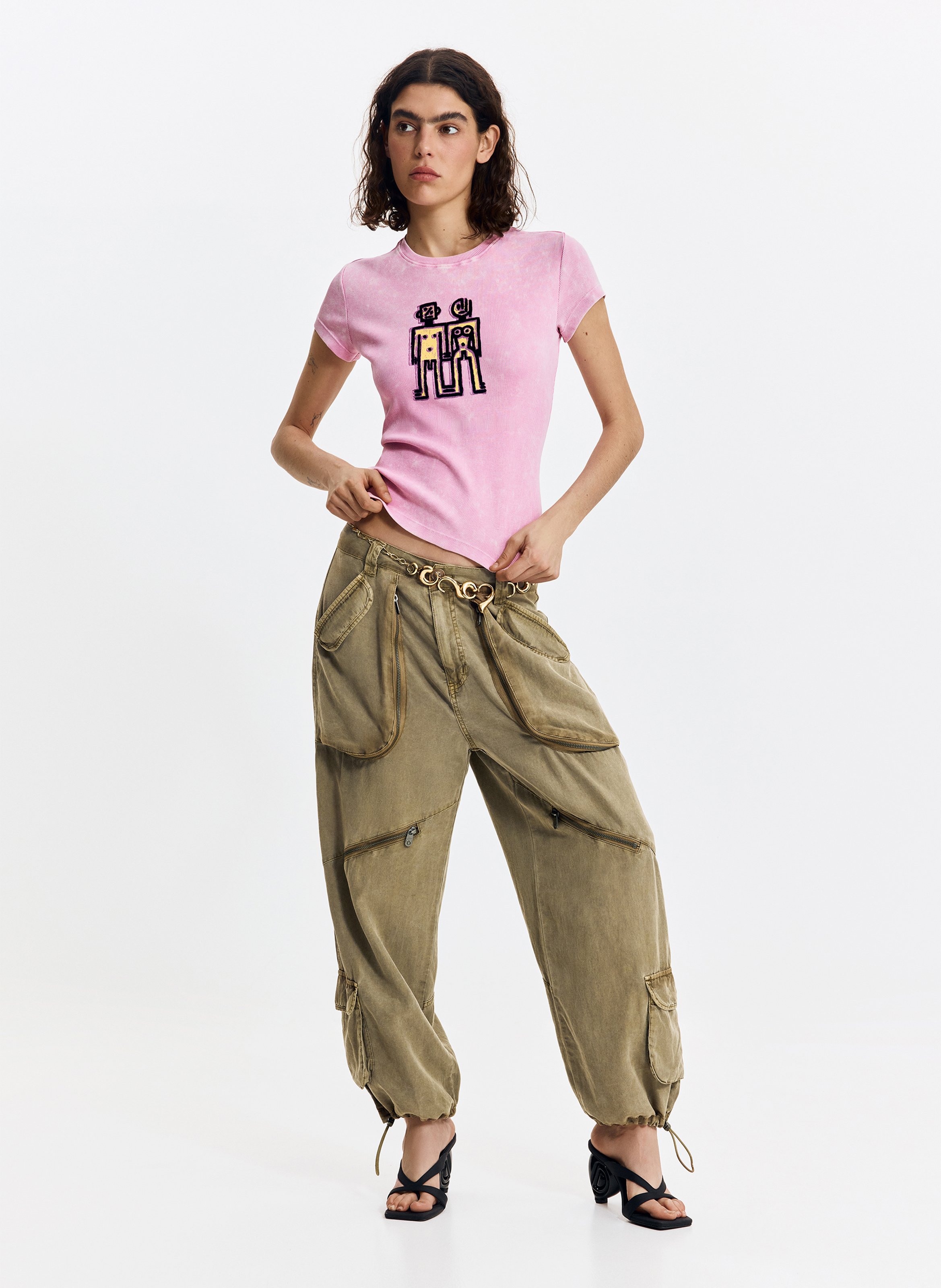 Pantalon large cargo à poches DESIGUAL Marron