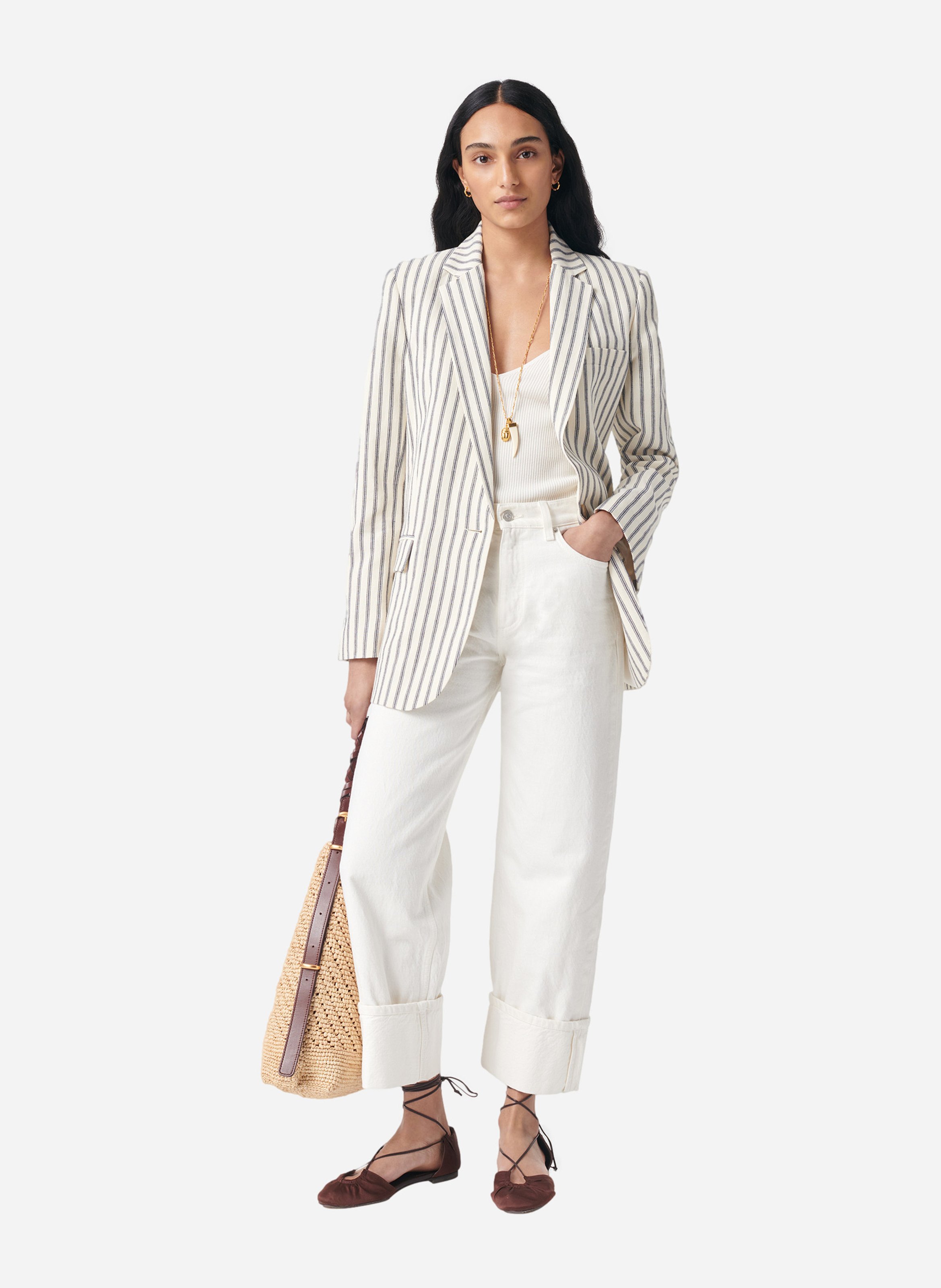 Veste tailleur rayée en coton et lin VANESSA BRUNO Bleu