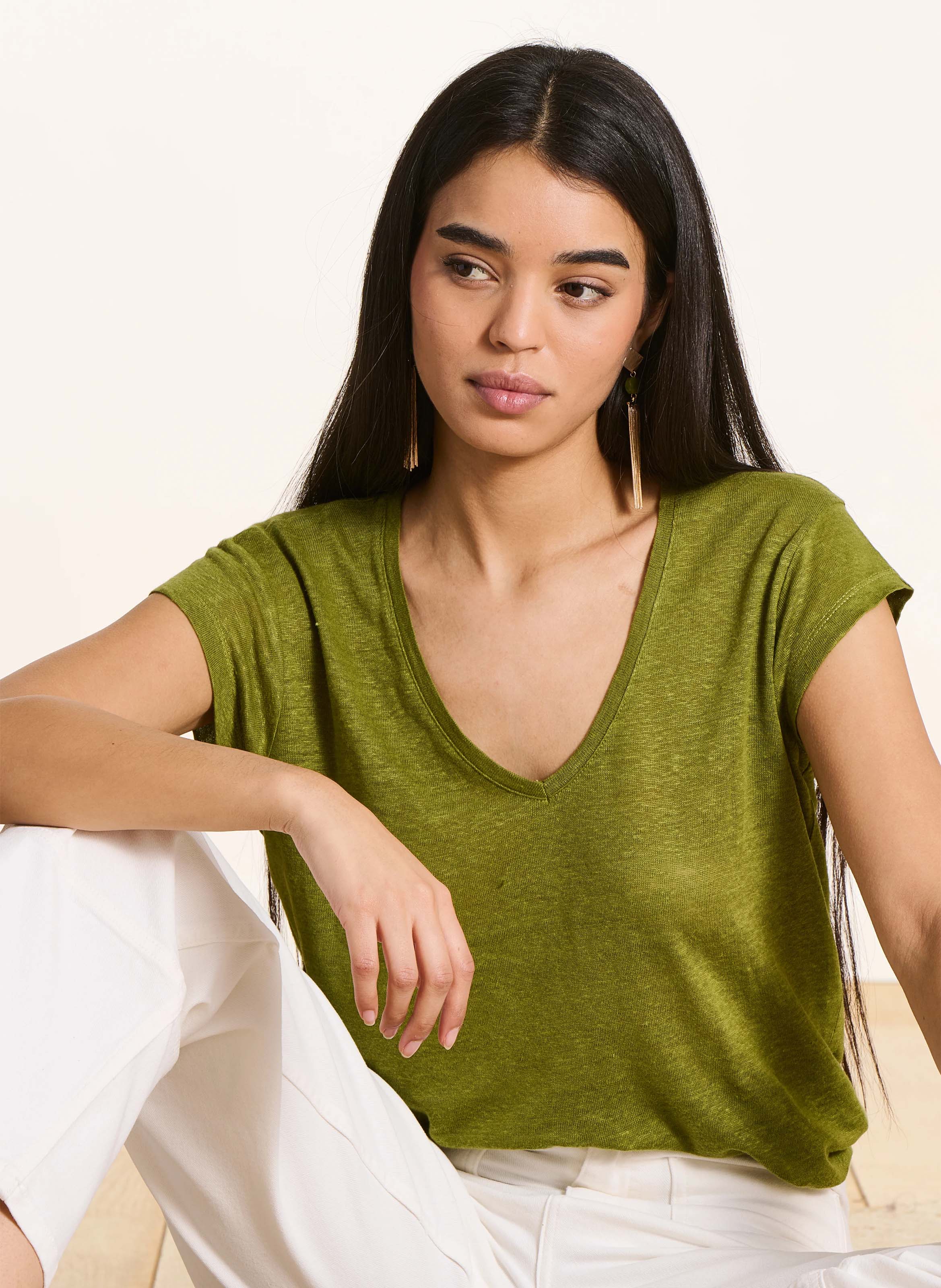 Feiner Leinenpullover mit V-Ausschnitt LA FEE MARABOUTEE Grun