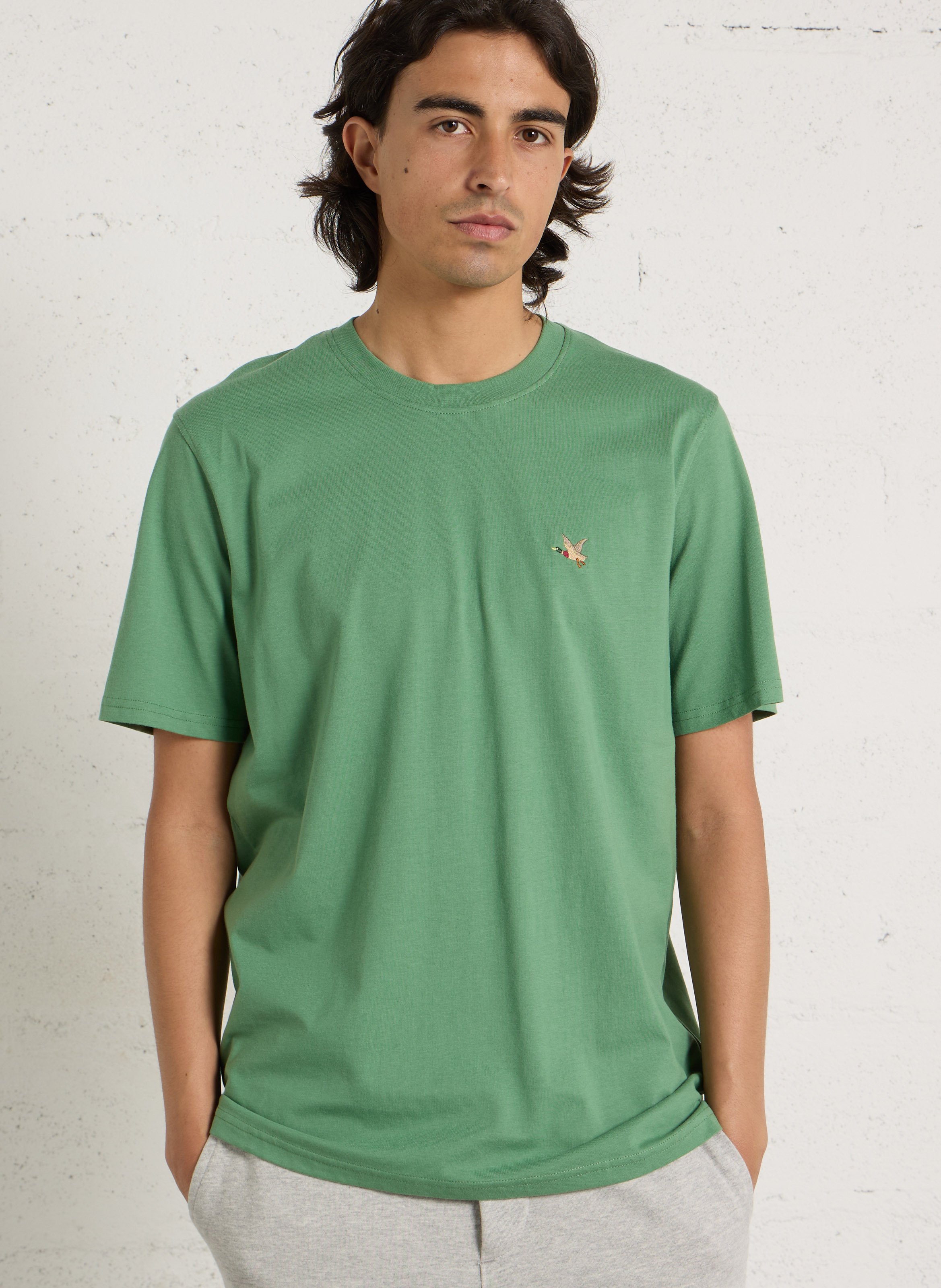 Straight round neck plain T-shirt with embroidered logo CHEVIGNON Green