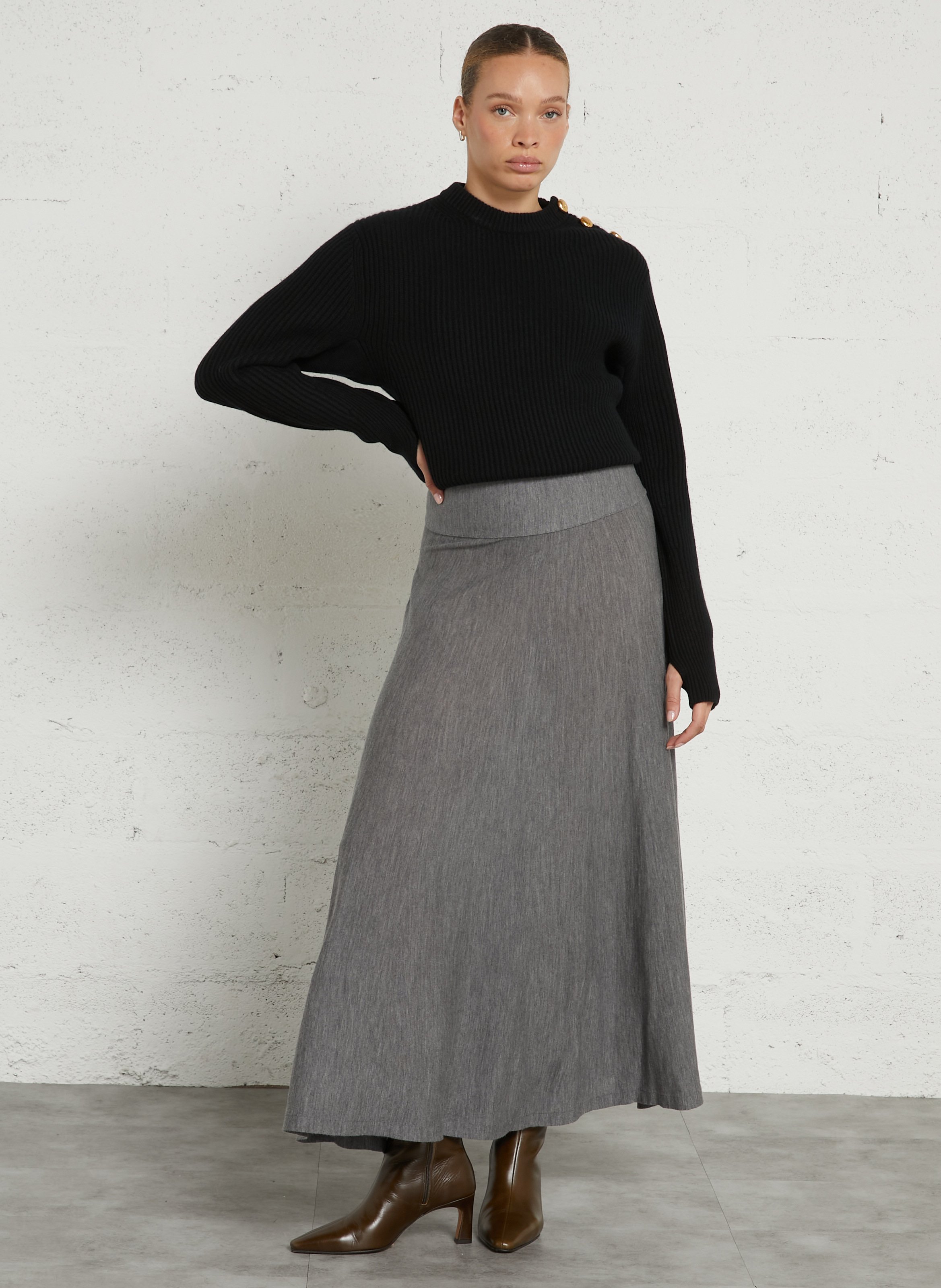 Pull en maille côtelé de laine LAURENCE BRAS Noir