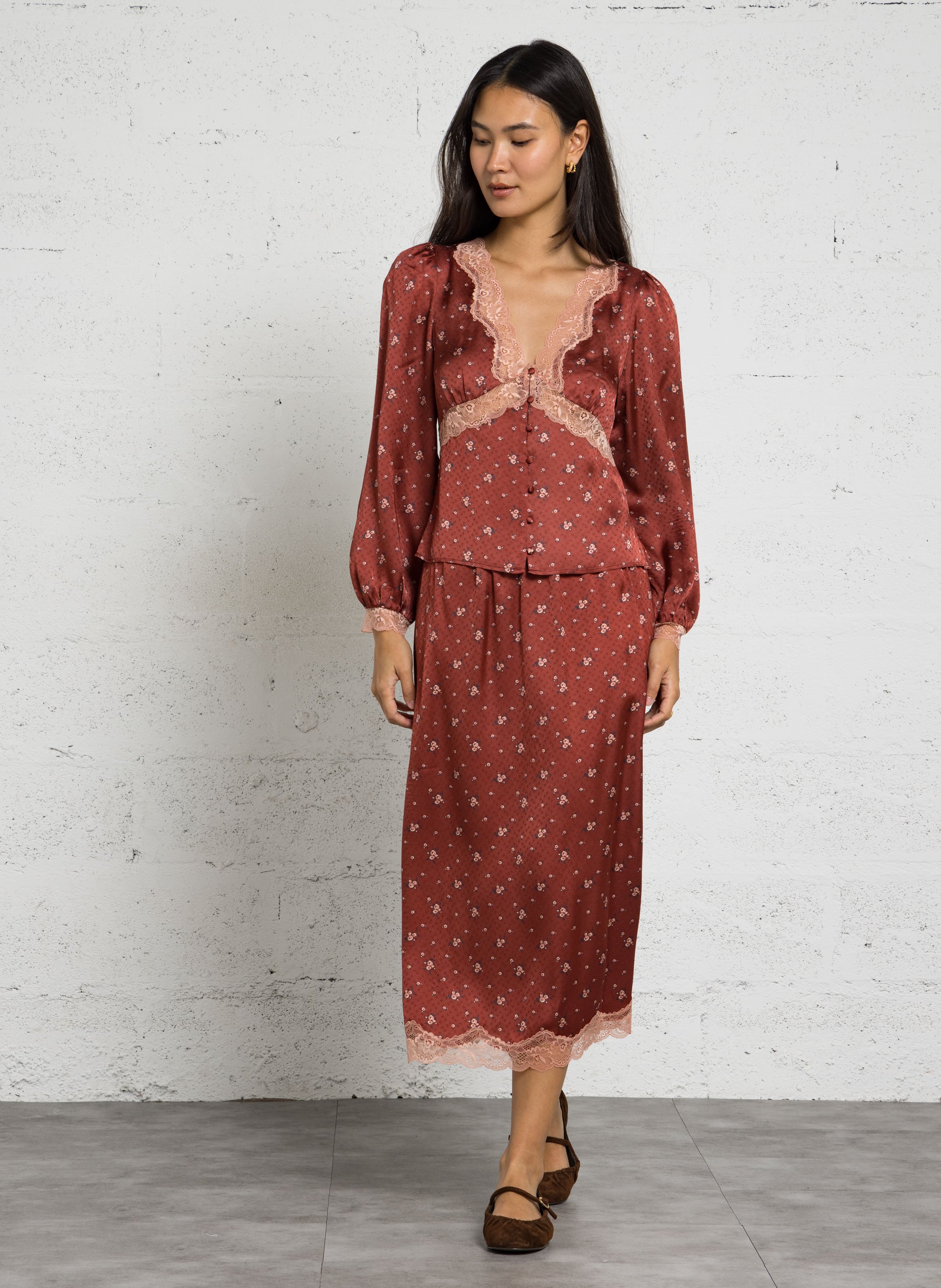 Midi rok met motieven en kanten afwerking PETITE MENDIGOTE Oranje