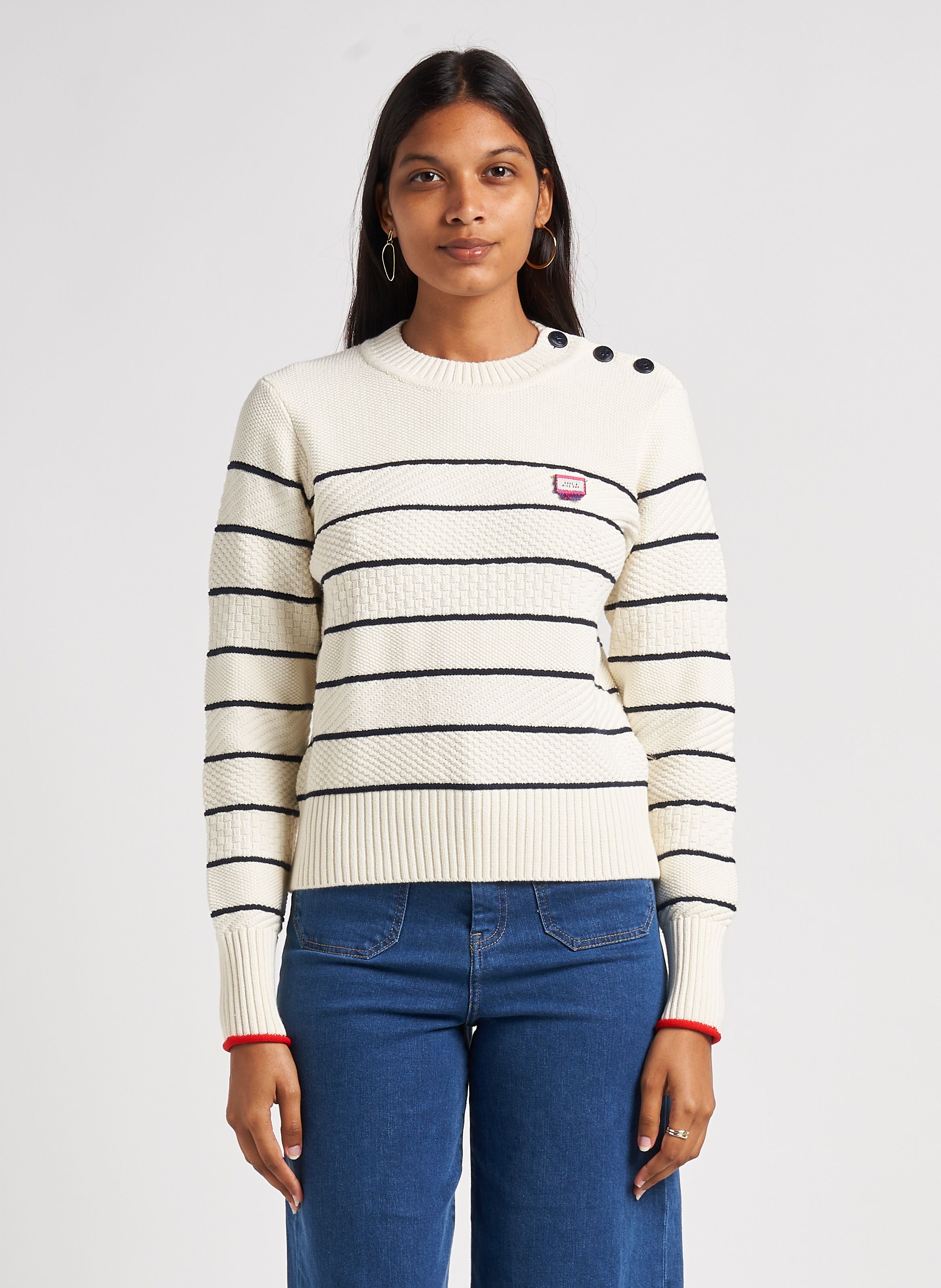 White Striped organic cotton round-neck sweater