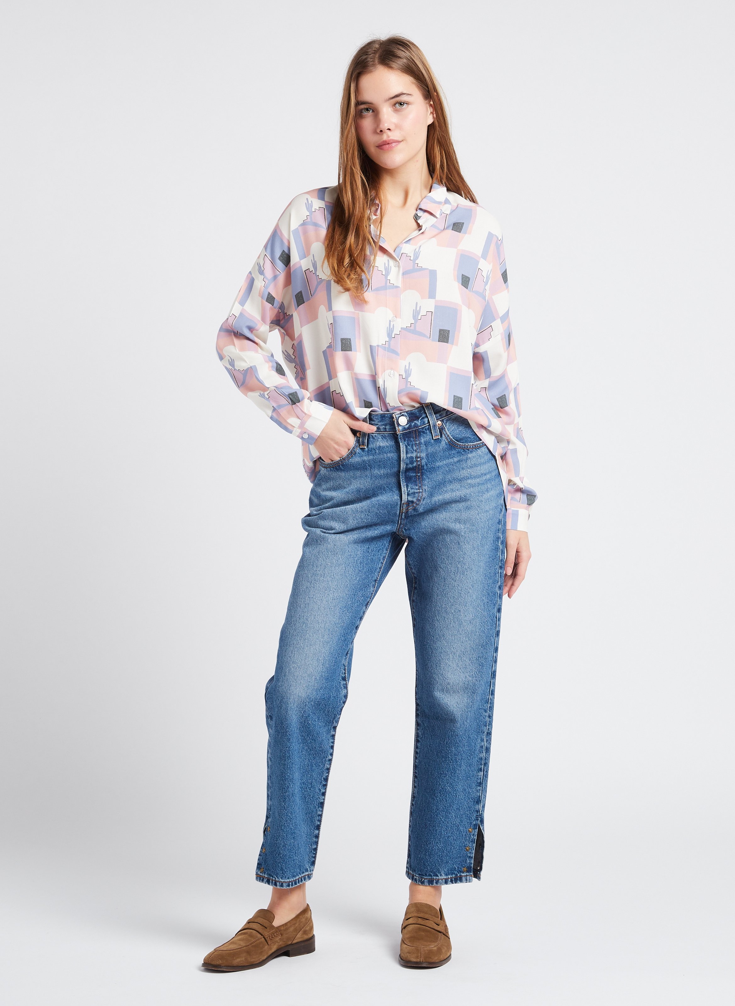 Jean droit cropped en coton LEVI'S Bleu