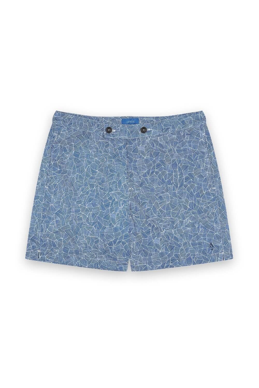 Printed swim shorts with flat belt, buttons, and zipper closure APNEE Blue