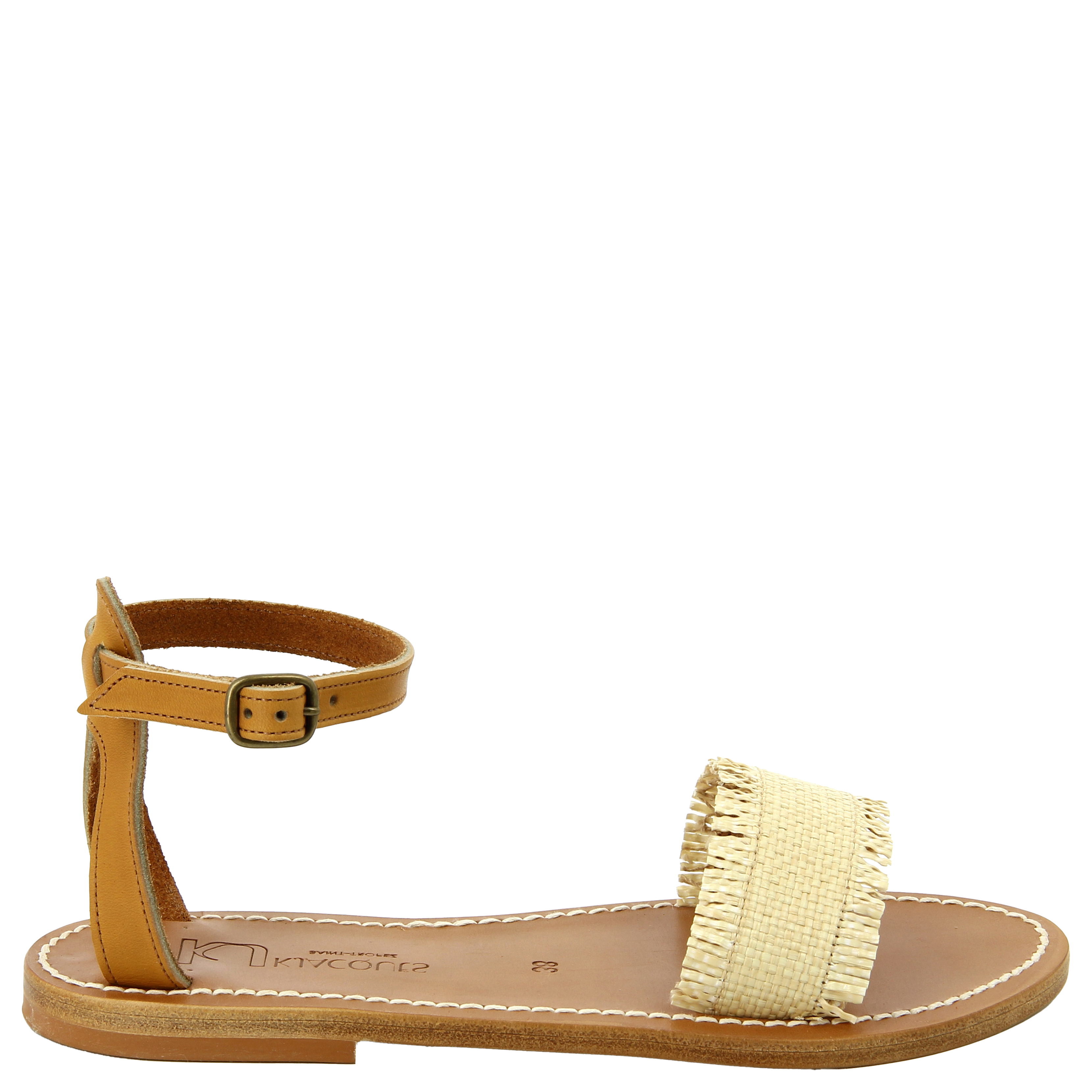 Flat open straw-effect leather sandals K JACQUES Multicolored