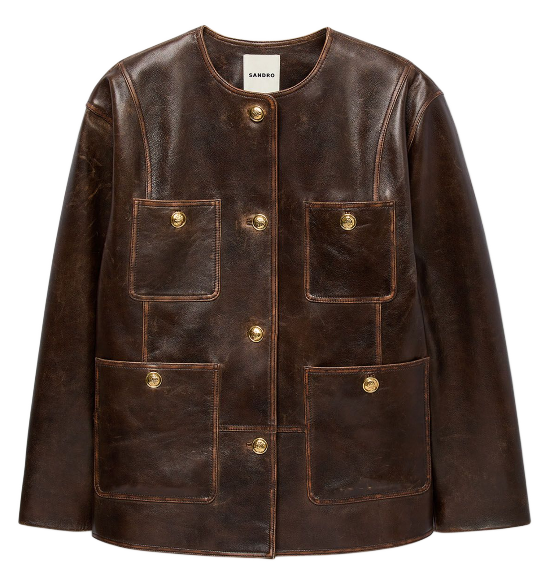 Oversized leren jas met kraag in smokingstijl SANDRO Bruin