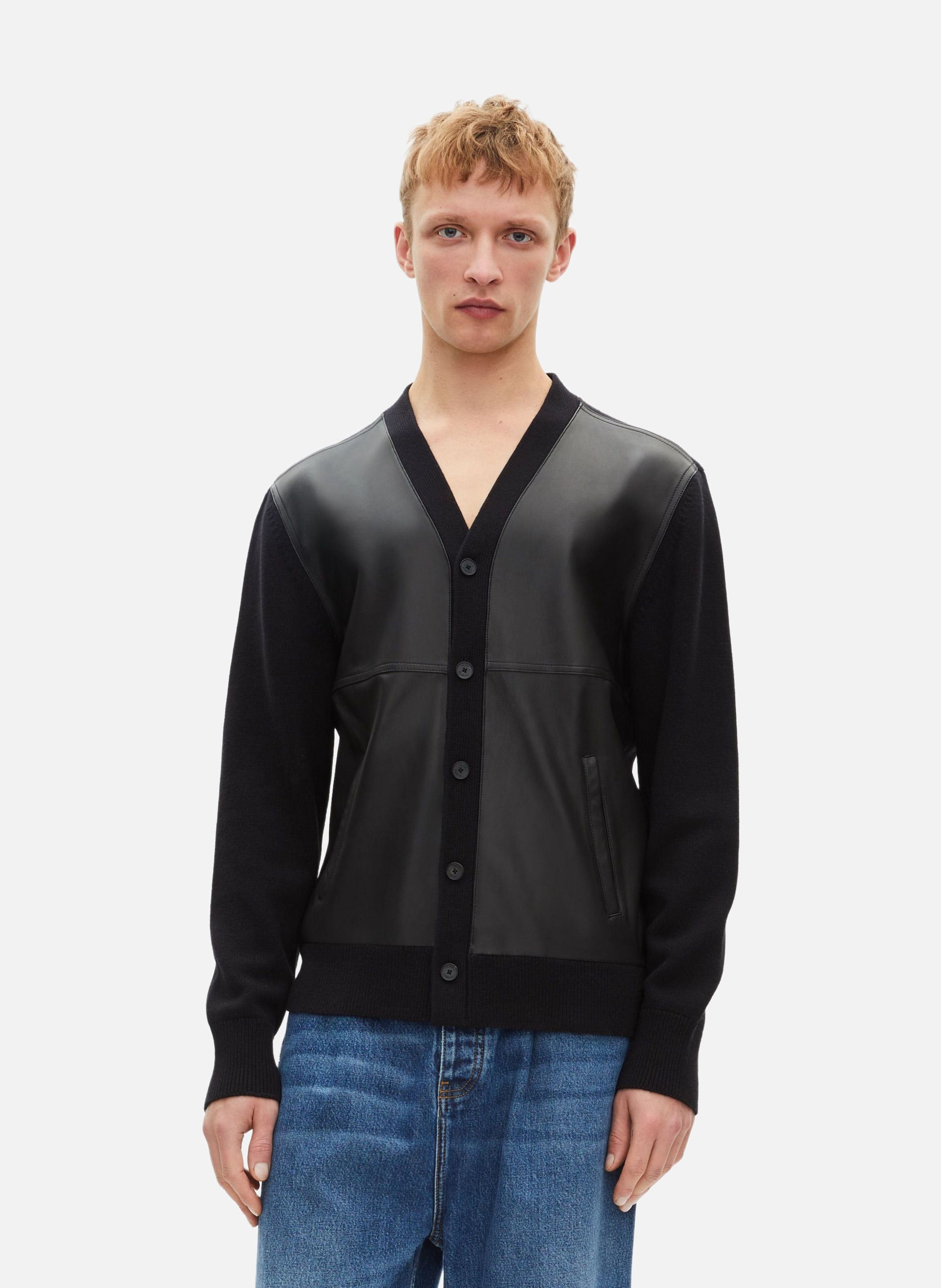 Buttoned two-tone cardigan with leather THE KOOPLES Black