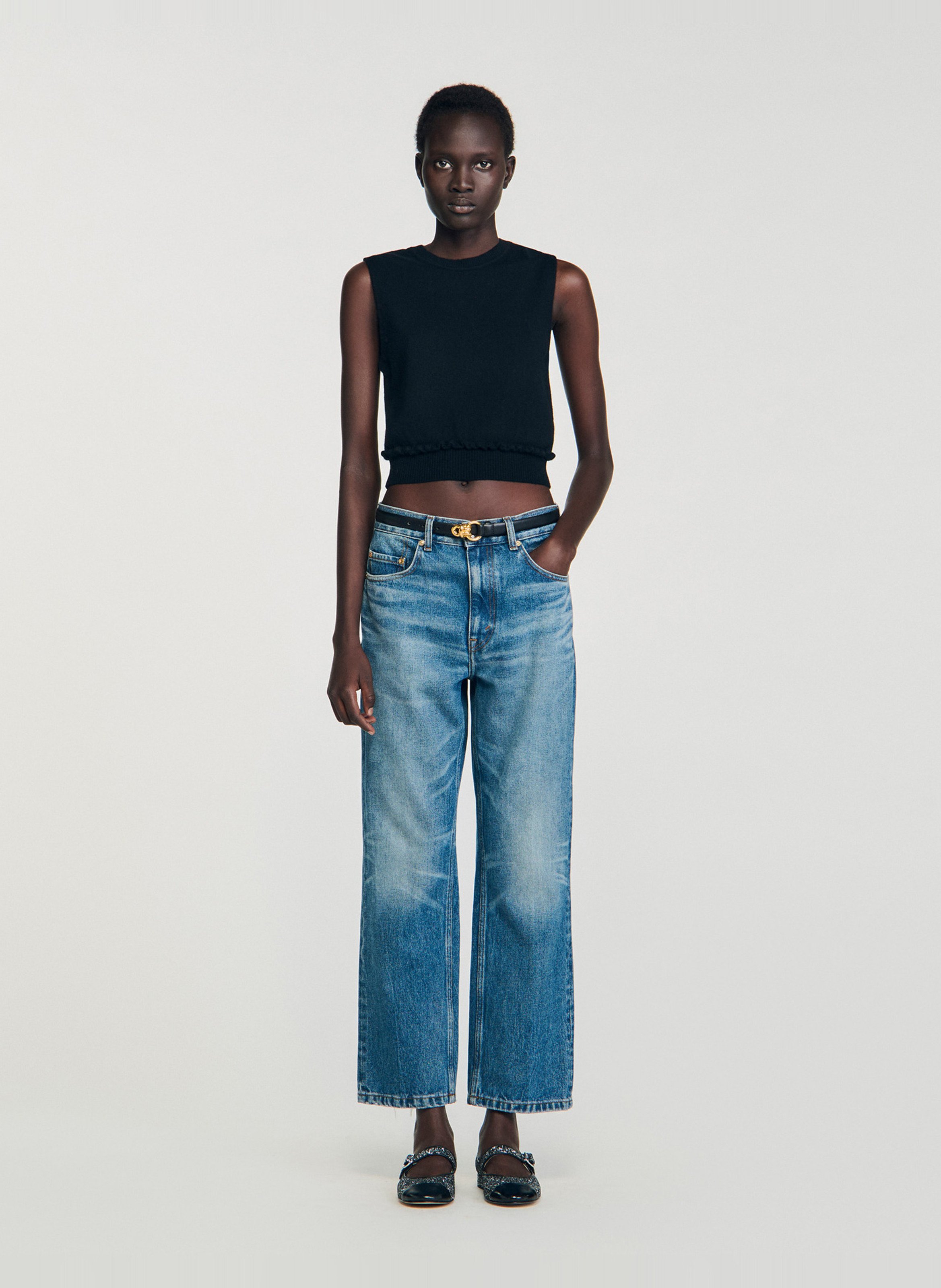 Pull court sans manches en laine et cachemire  SANDRO Noir