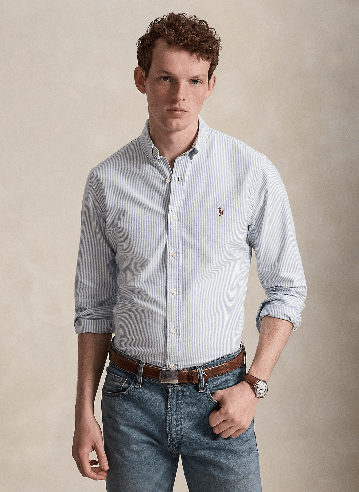 Gestreiftes Baumwollhemd mit Button-down-Kragen, Slim Fit POLO RALPH LAUREN Blau