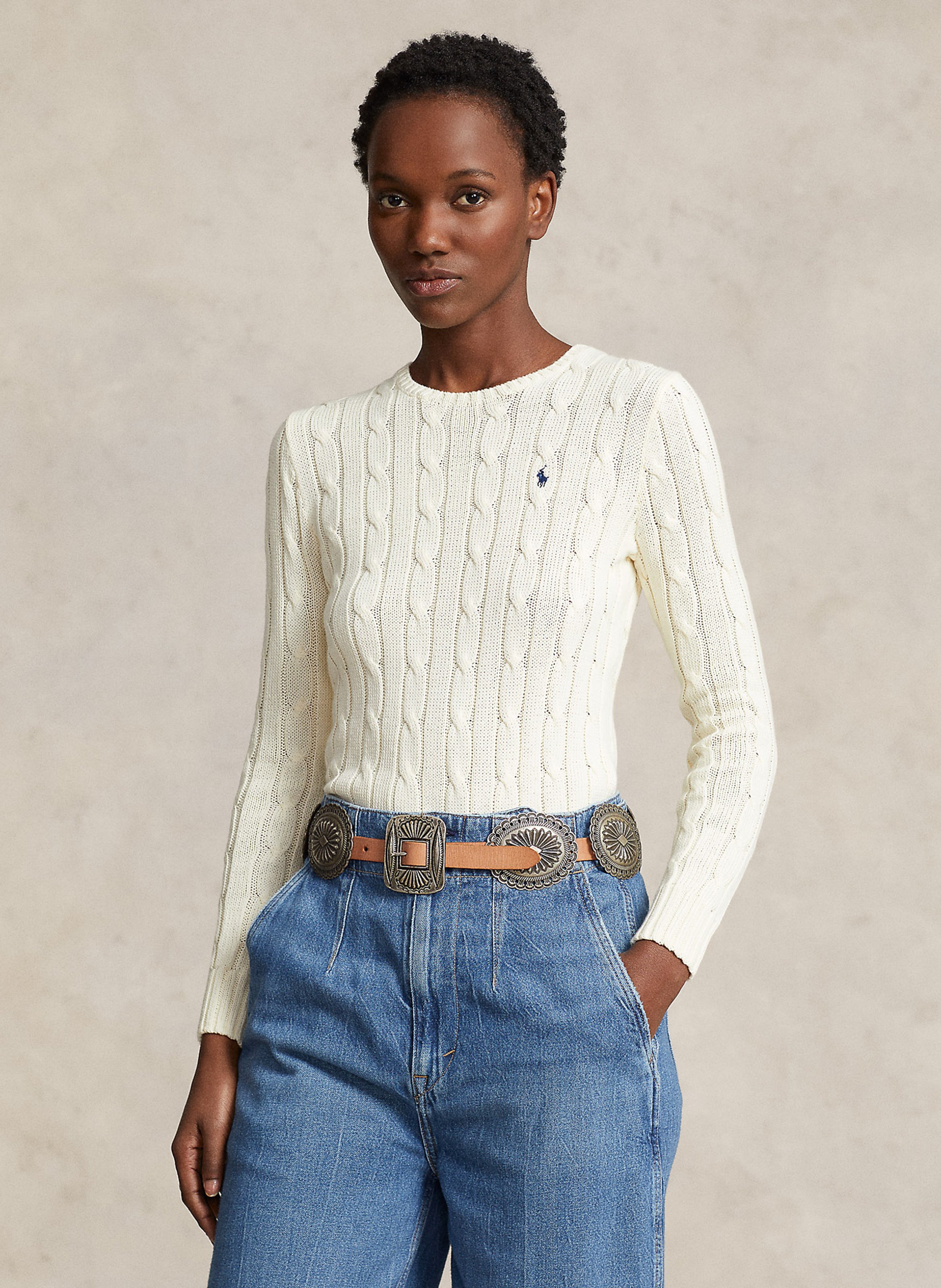 Round neck Embroidered Cotton Sweater Cream Polo Ralph Lauren Women 211891640 010 CREAM Place des Tendances United Kingdom