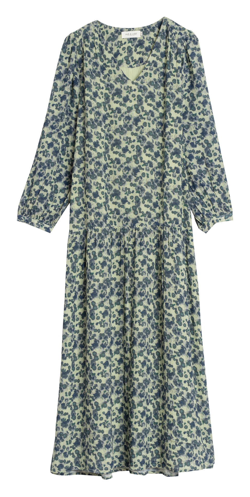 Long V-neck organic cotton printed maxi dress INDI & COLD Green