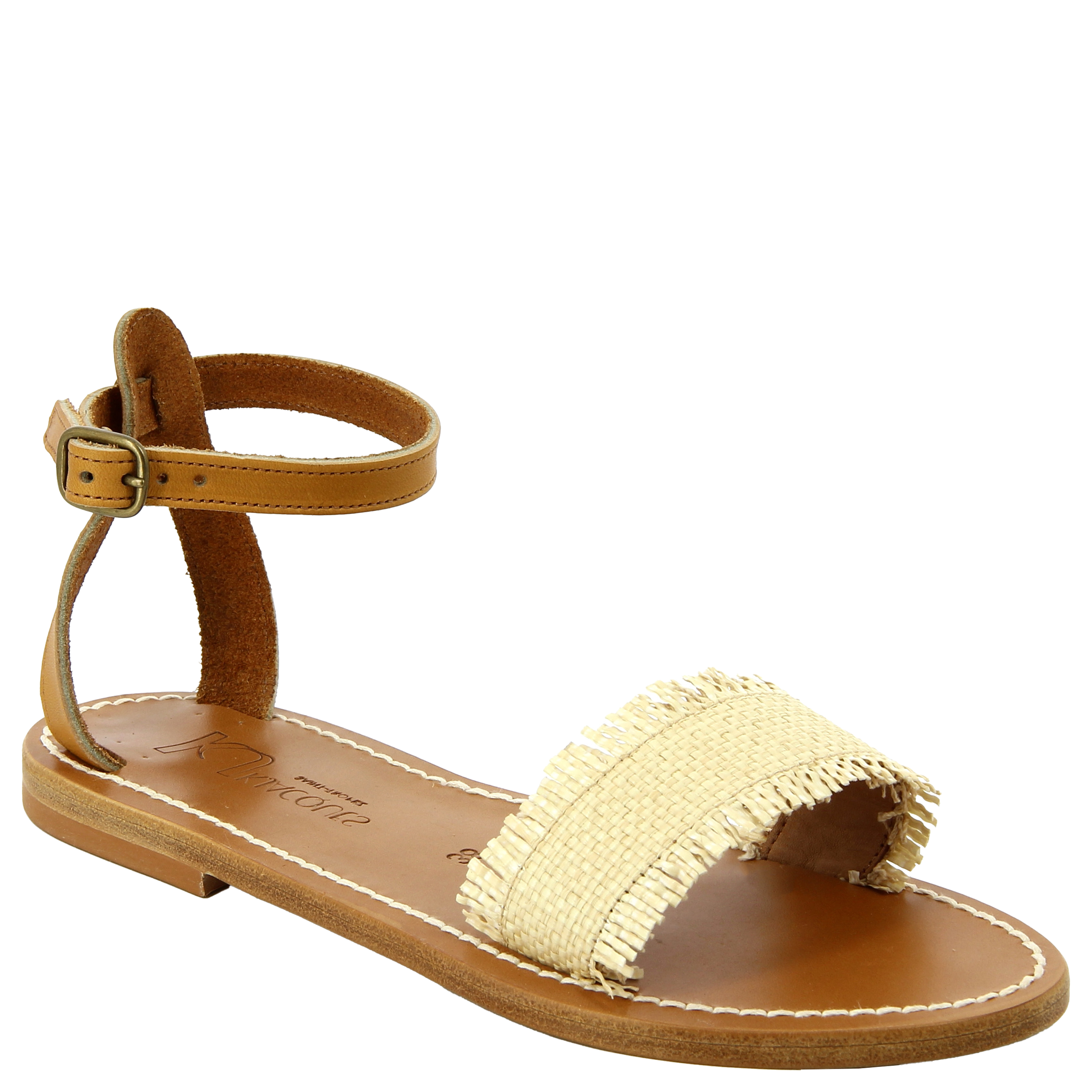 Flat open straw-effect leather sandals K JACQUES Multicolored