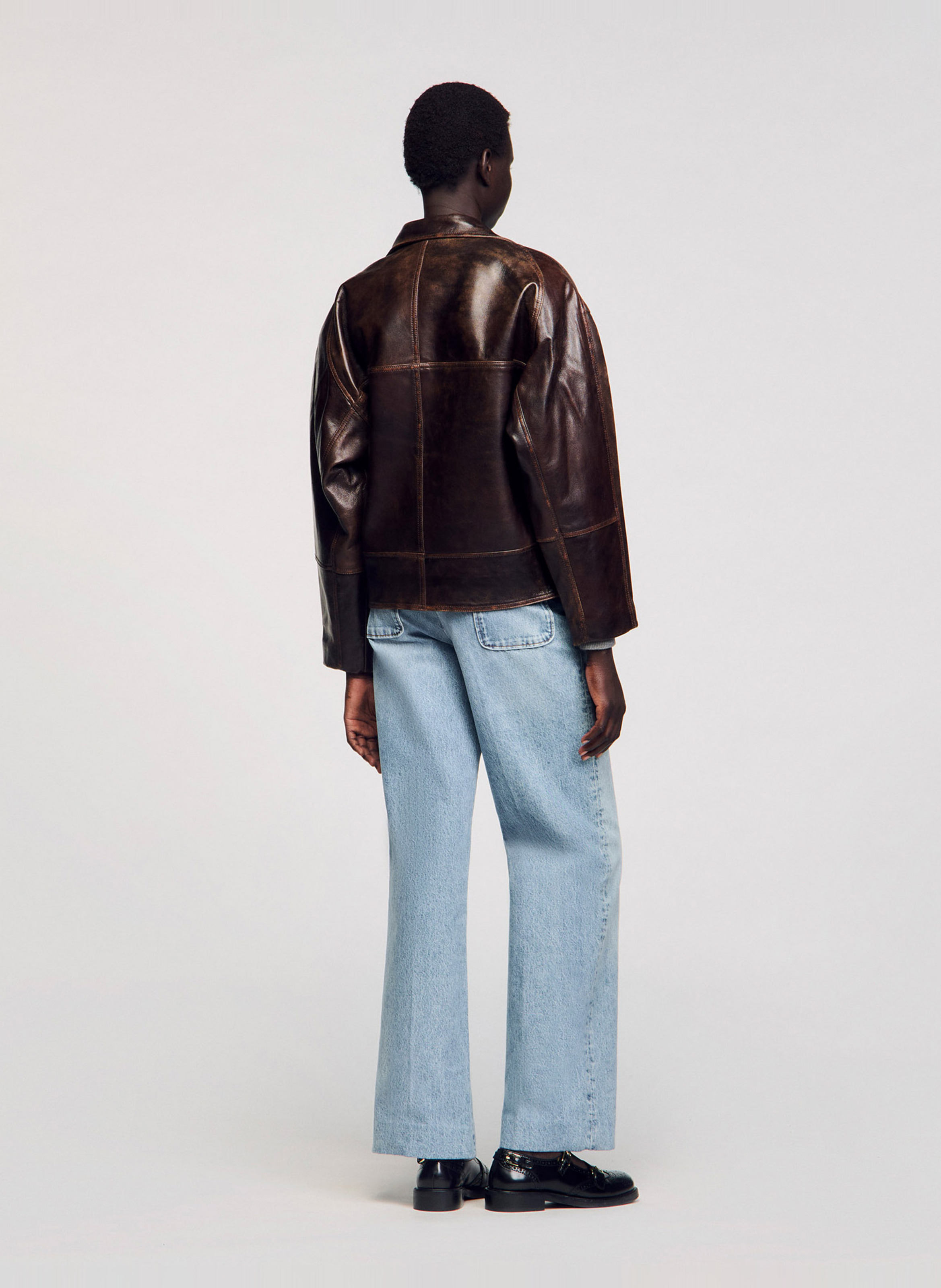 Veste col tailleur en cuir SANDRO Marron