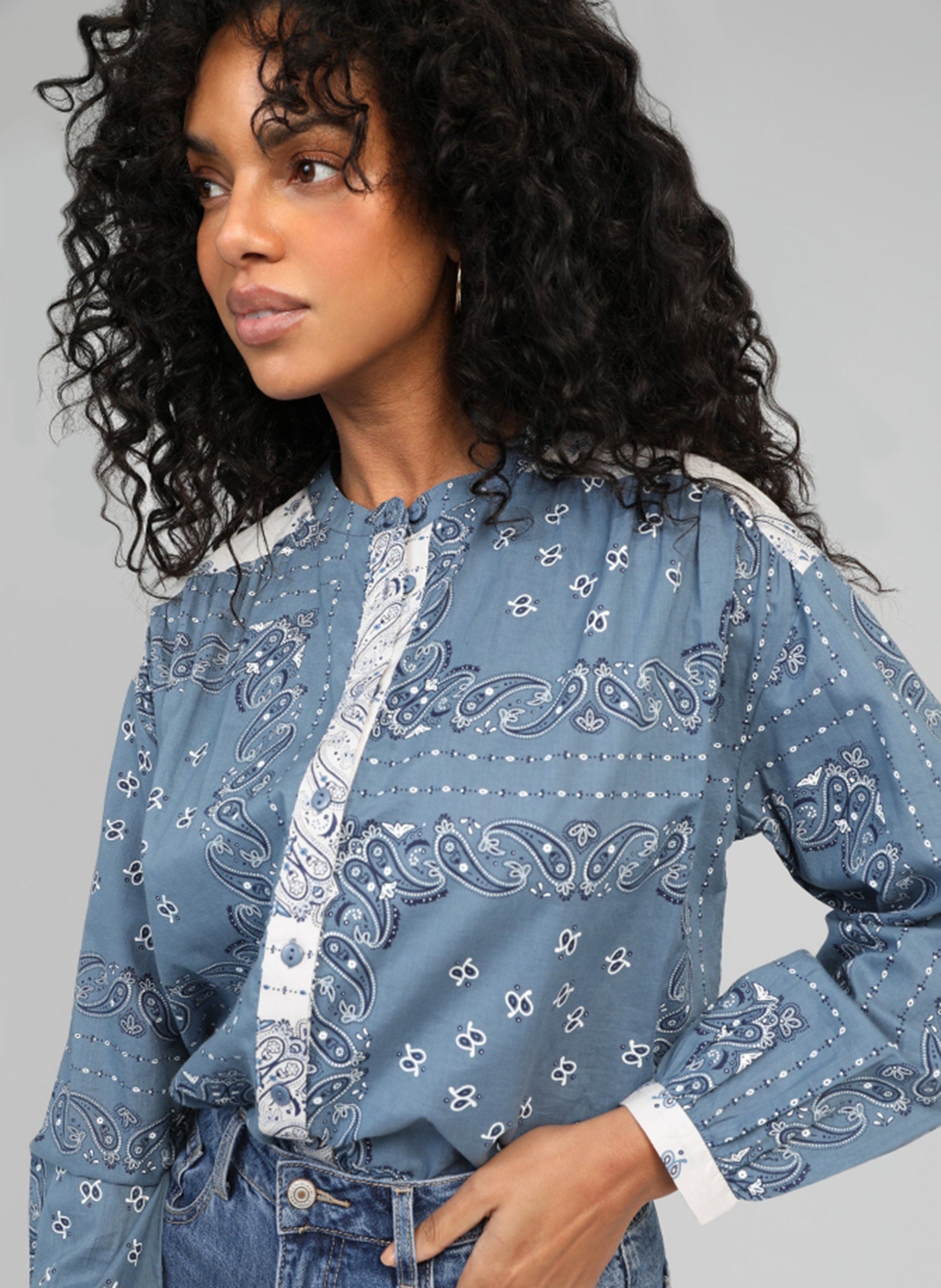 Round-neck printed cotton blouse AN'GE Blue