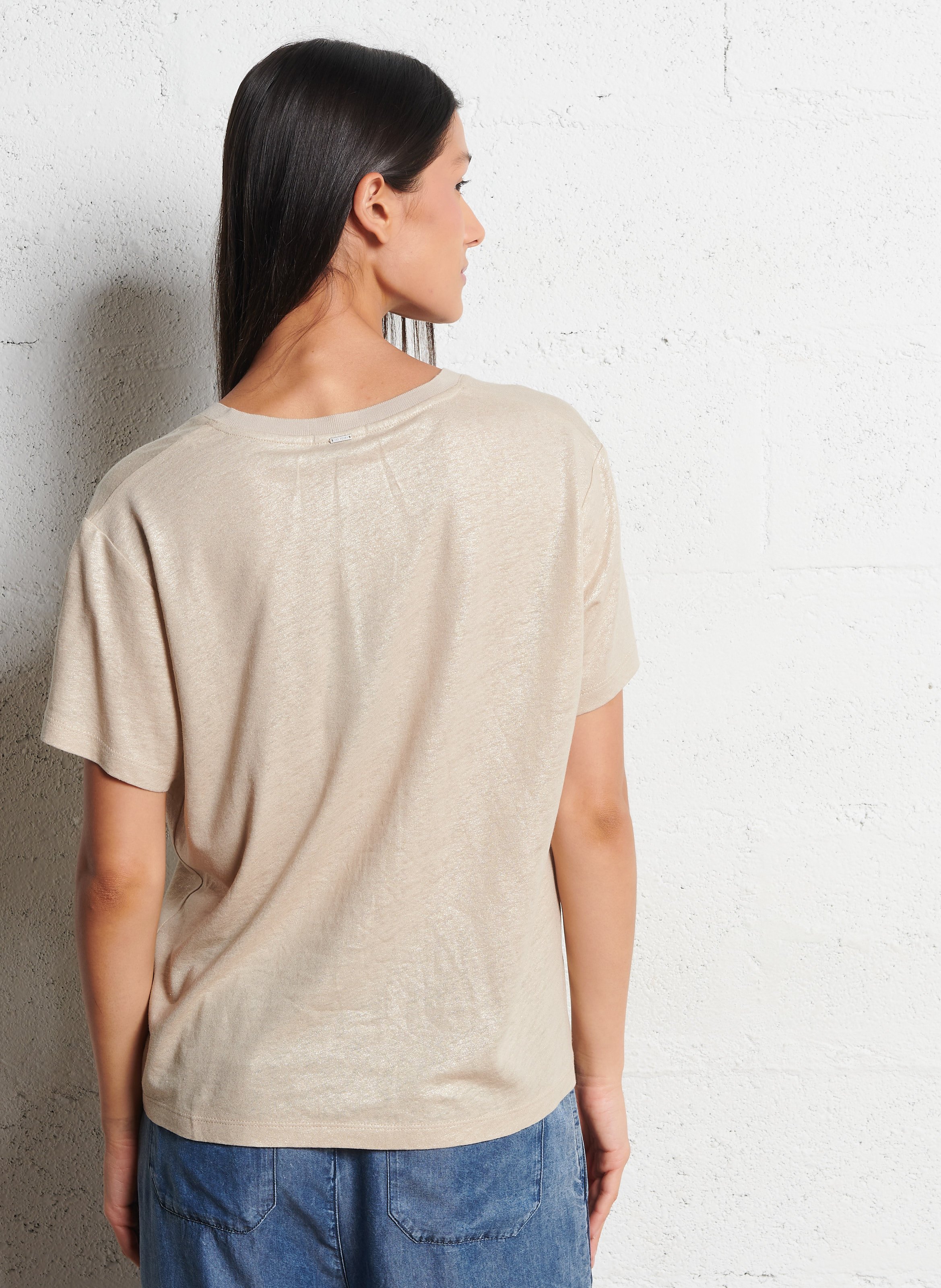 Iridescent V-neck T-shirt in blended linen IKKS Beige