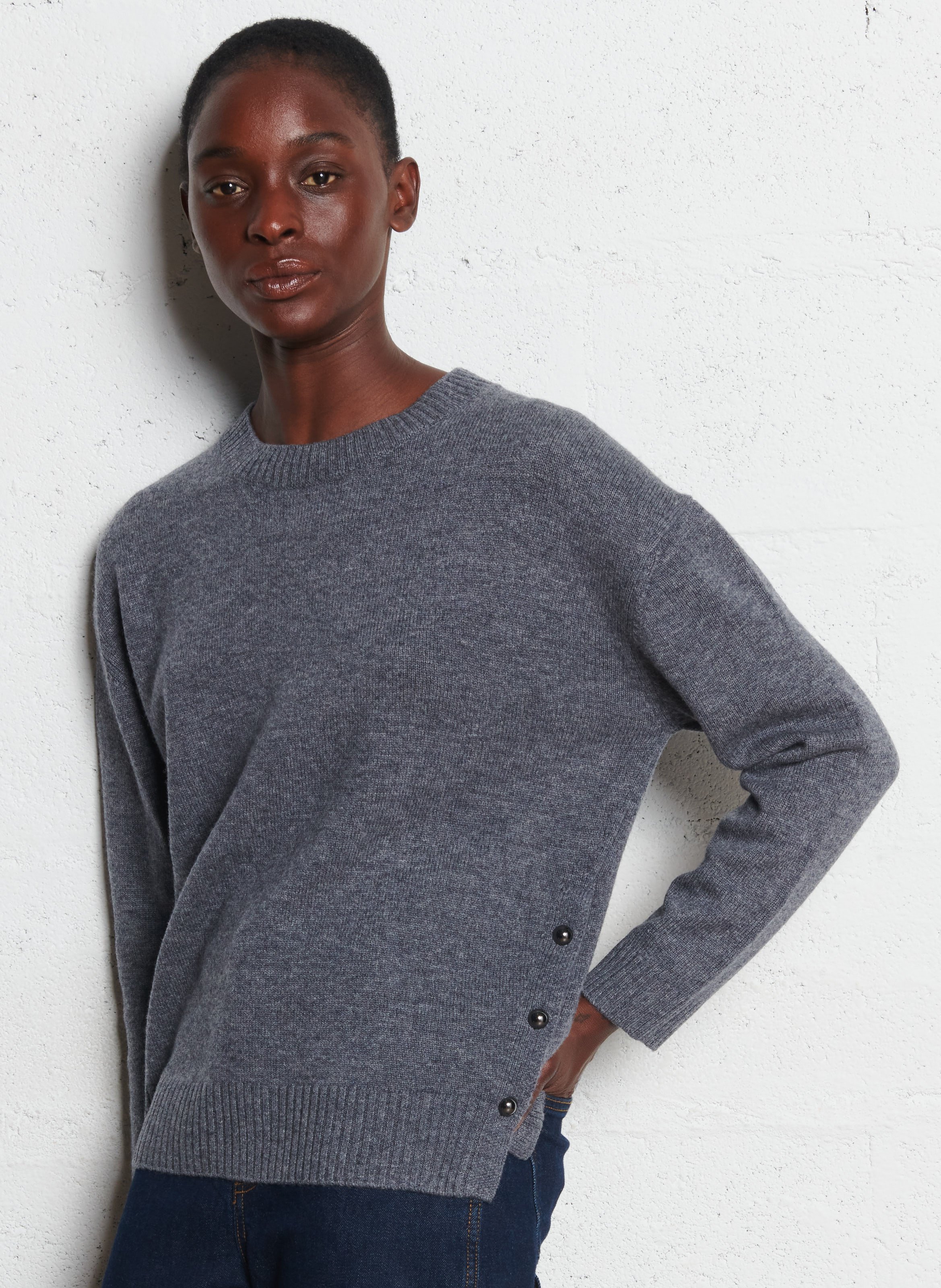 Pull col rond uni avec boutons en laine DES PETITS HAUTS