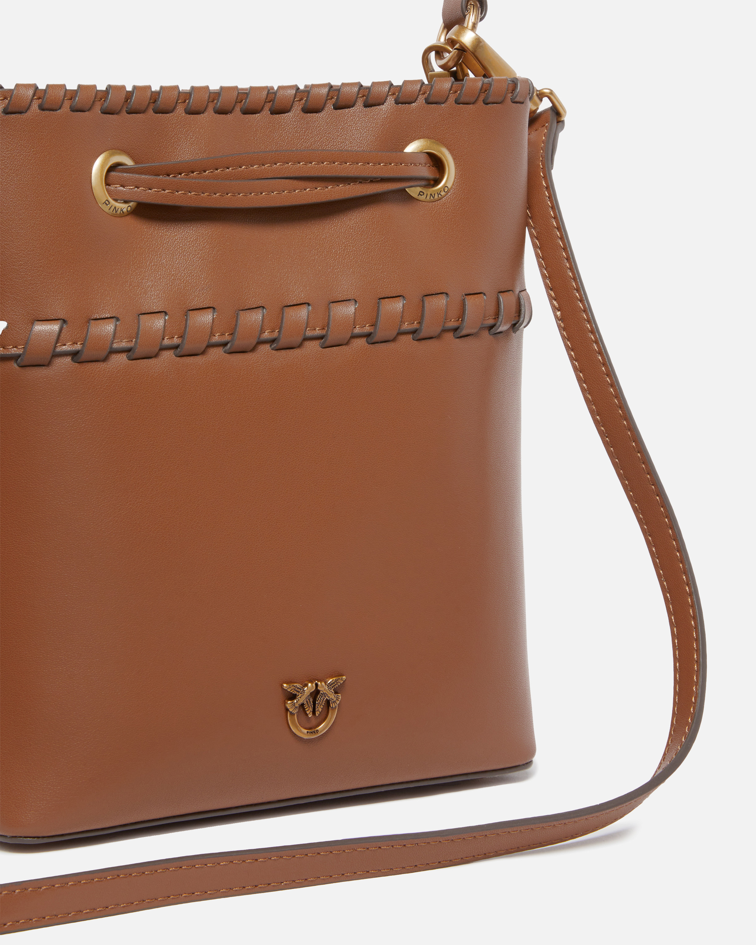 Small leather bucket bag with stitching PINKO Brown