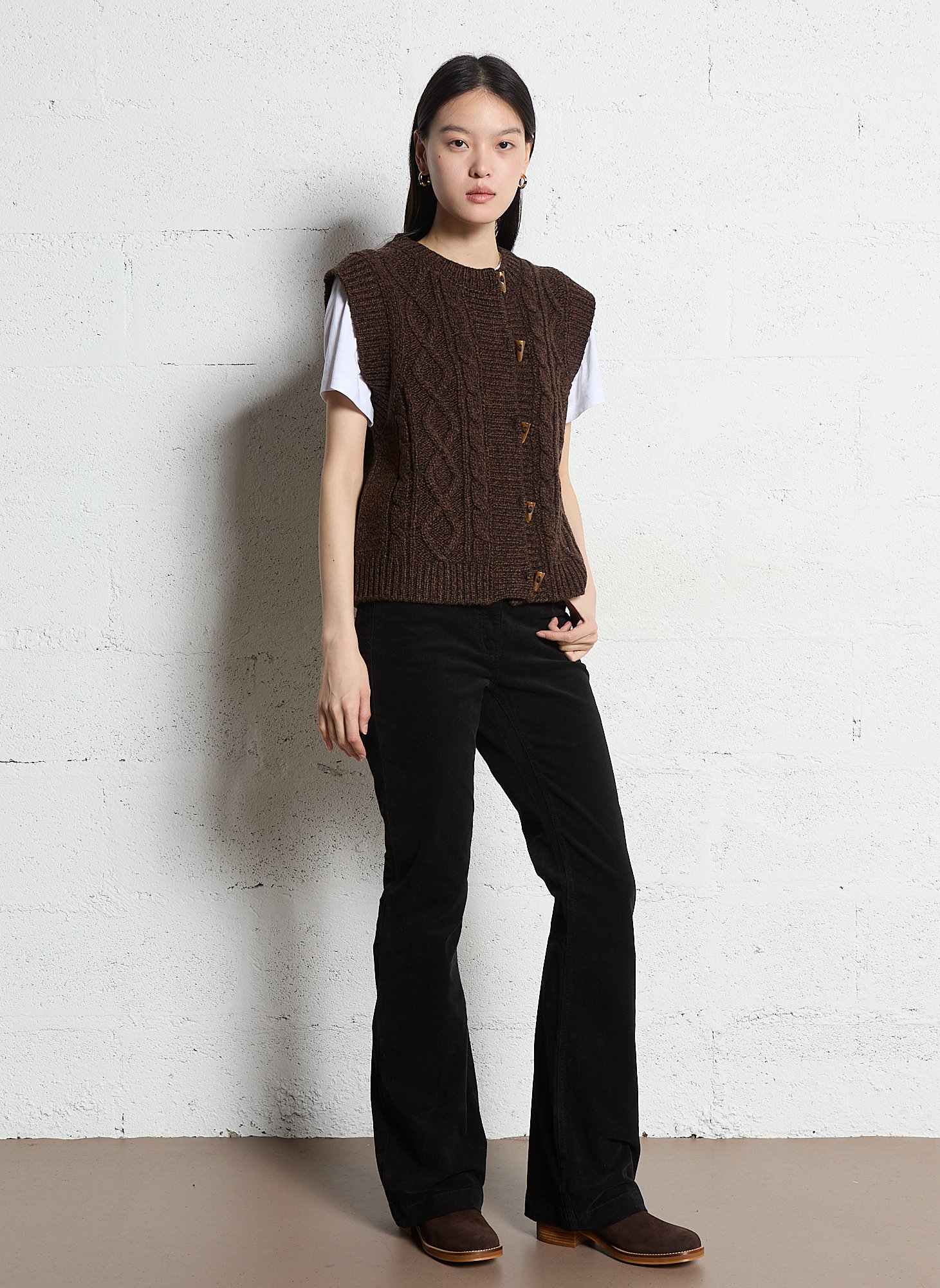 Sleeveless round neck woolen marled vest MAISON 123 Brown