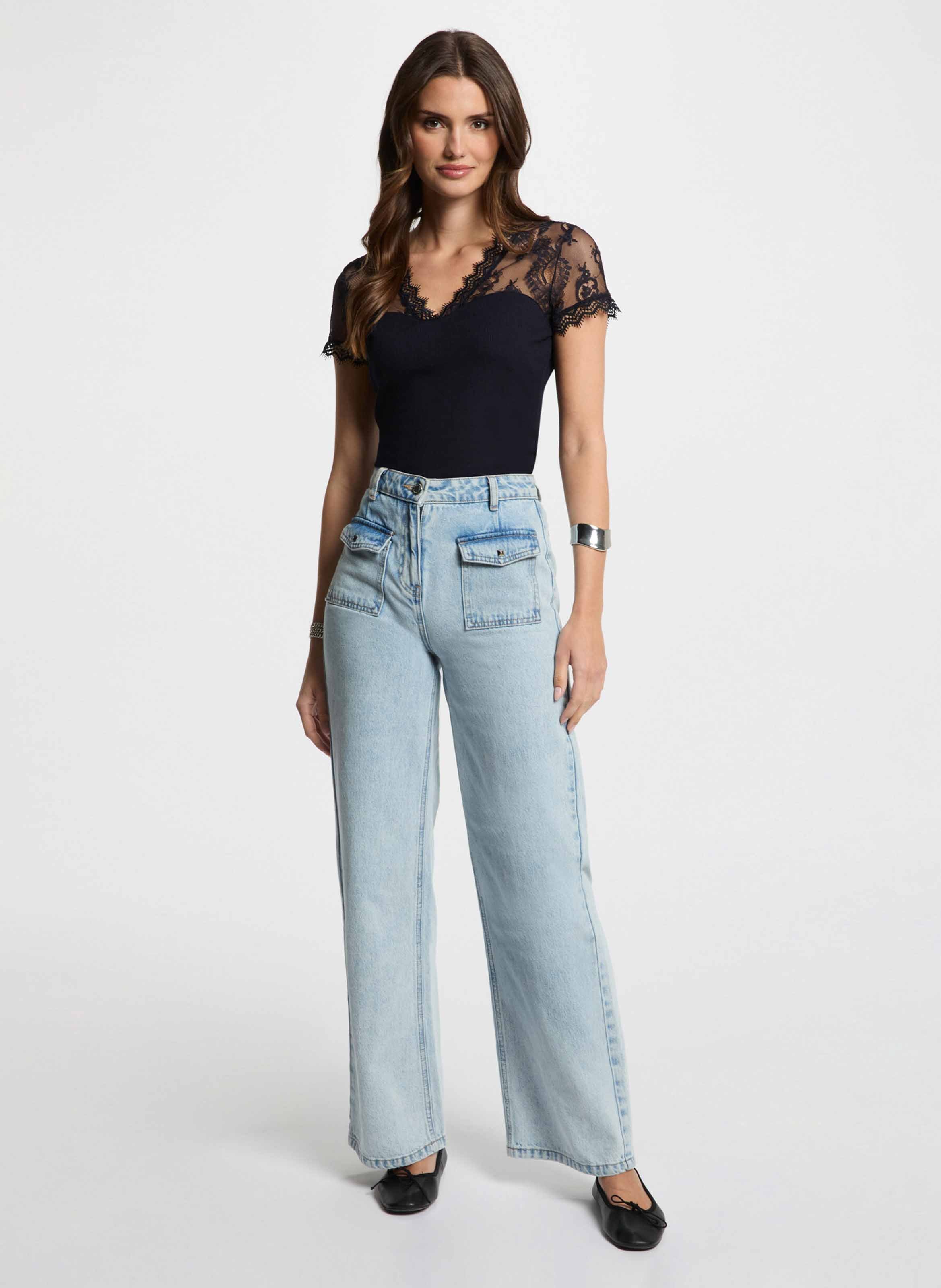 Crepe and lace V-neck t-shirt MORGAN Blue