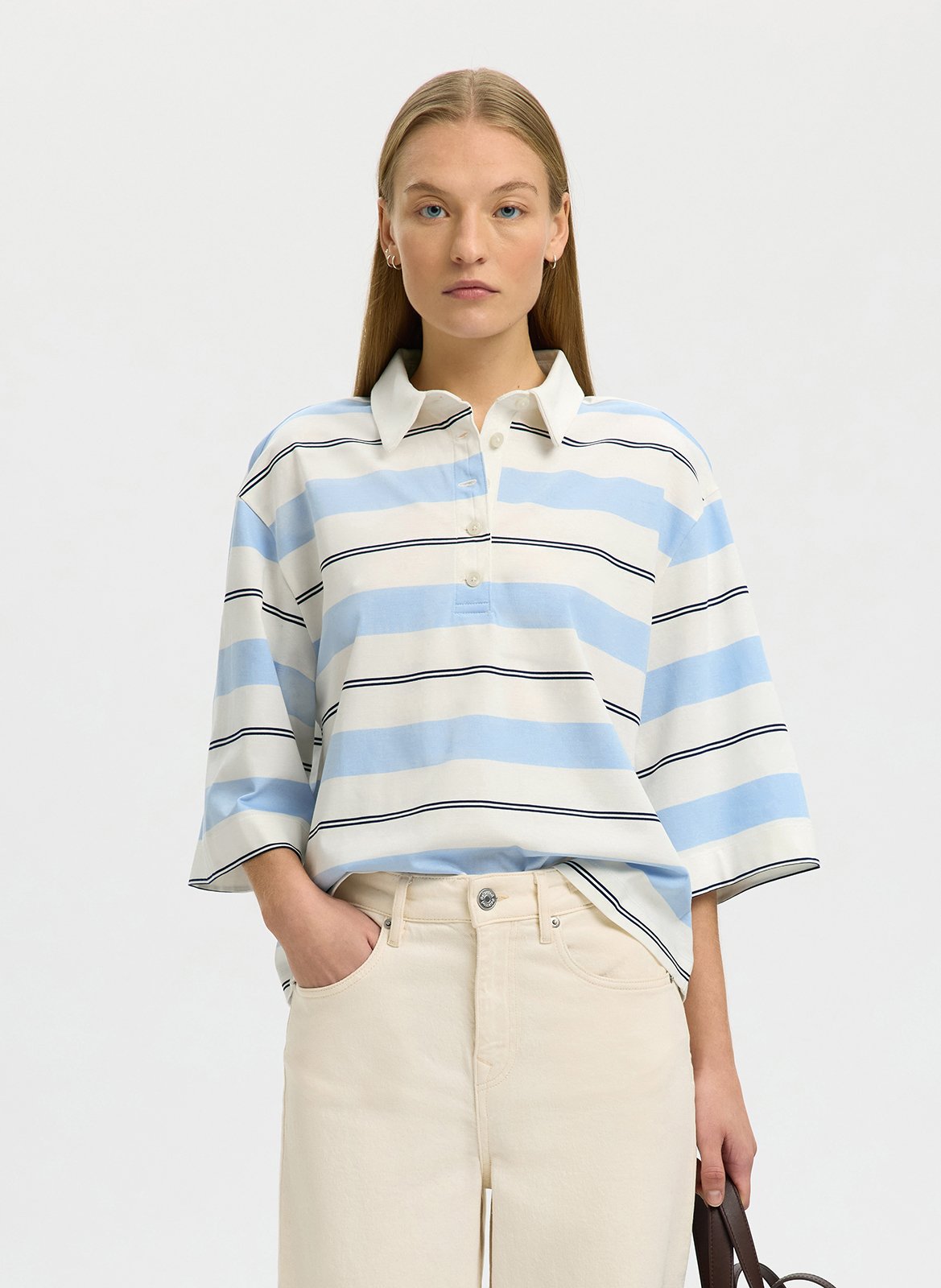 Oversized organic cotton polo shirt SELECTED Beige