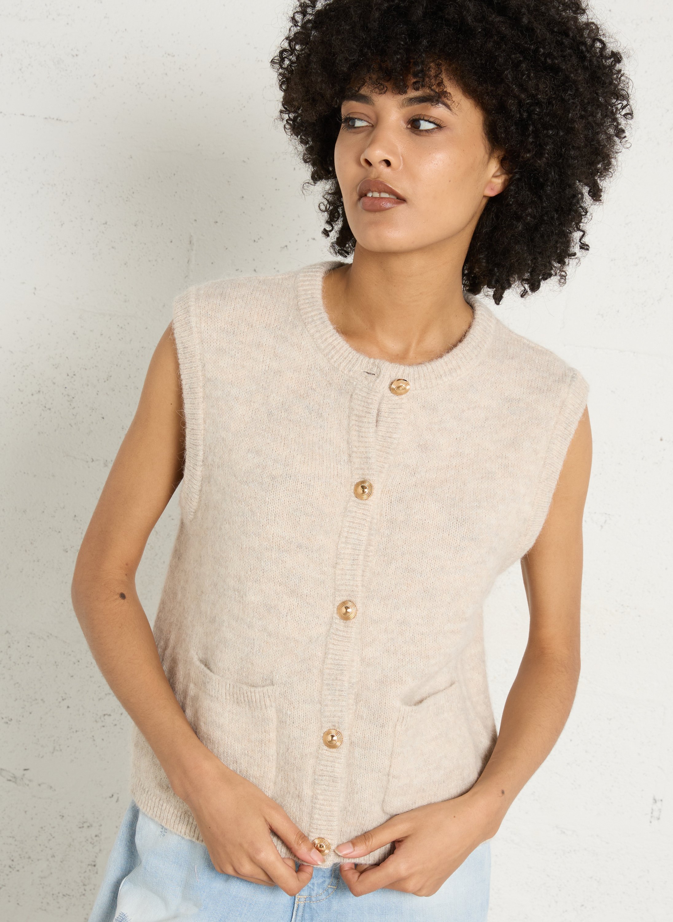 Gilet sans manches col rond en alpaga mélangé MAISON 123 Blanc