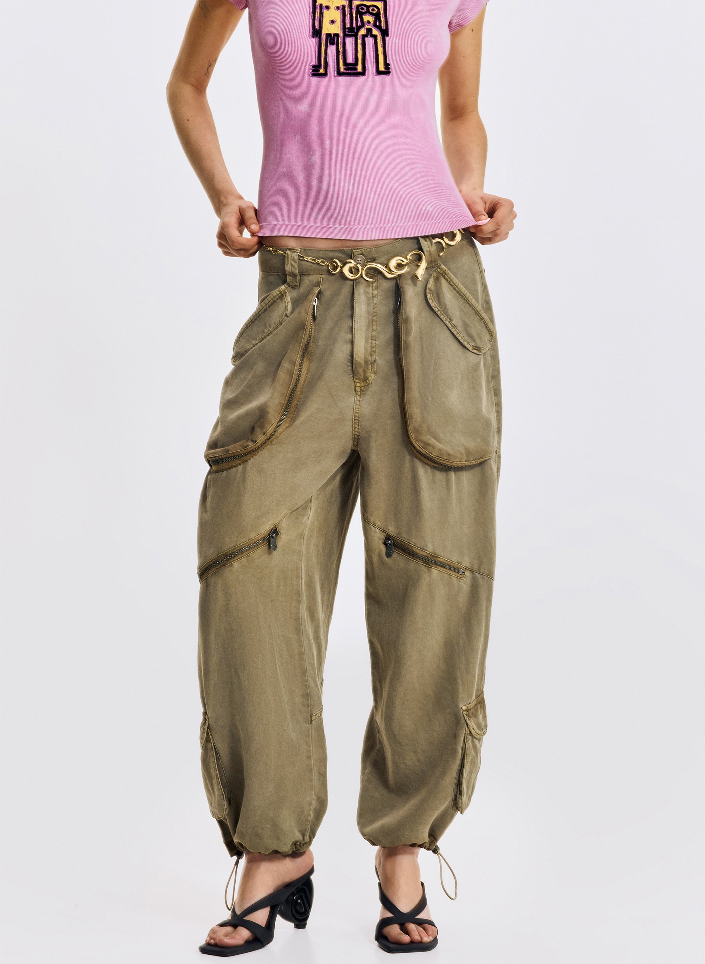 Pantalon large cargo à poches DESIGUAL Marron