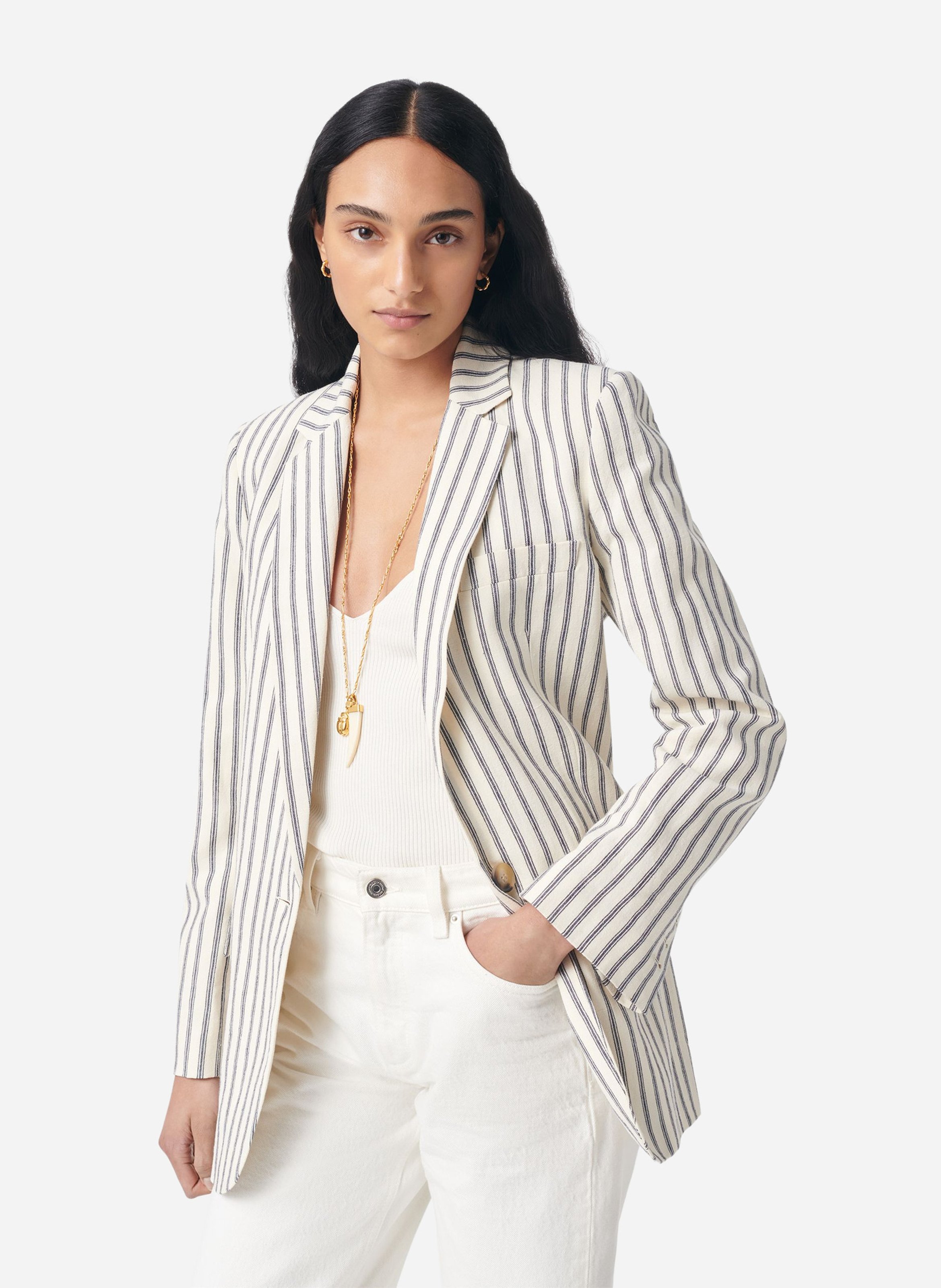 Veste tailleur rayée en coton et lin VANESSA BRUNO Bleu