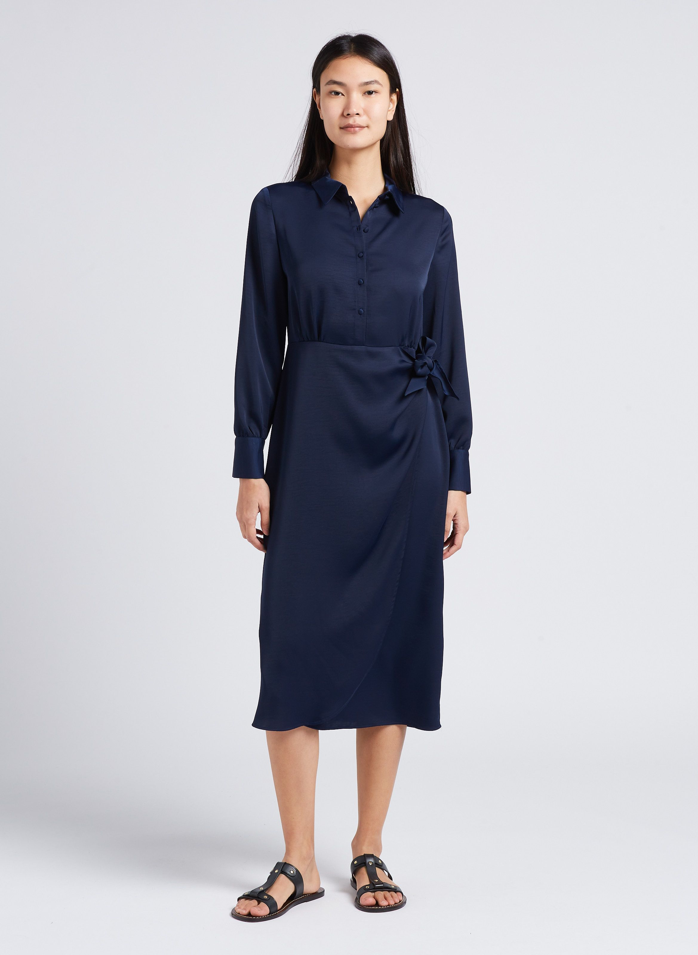 Robe midi droite col classique satin e Bleu