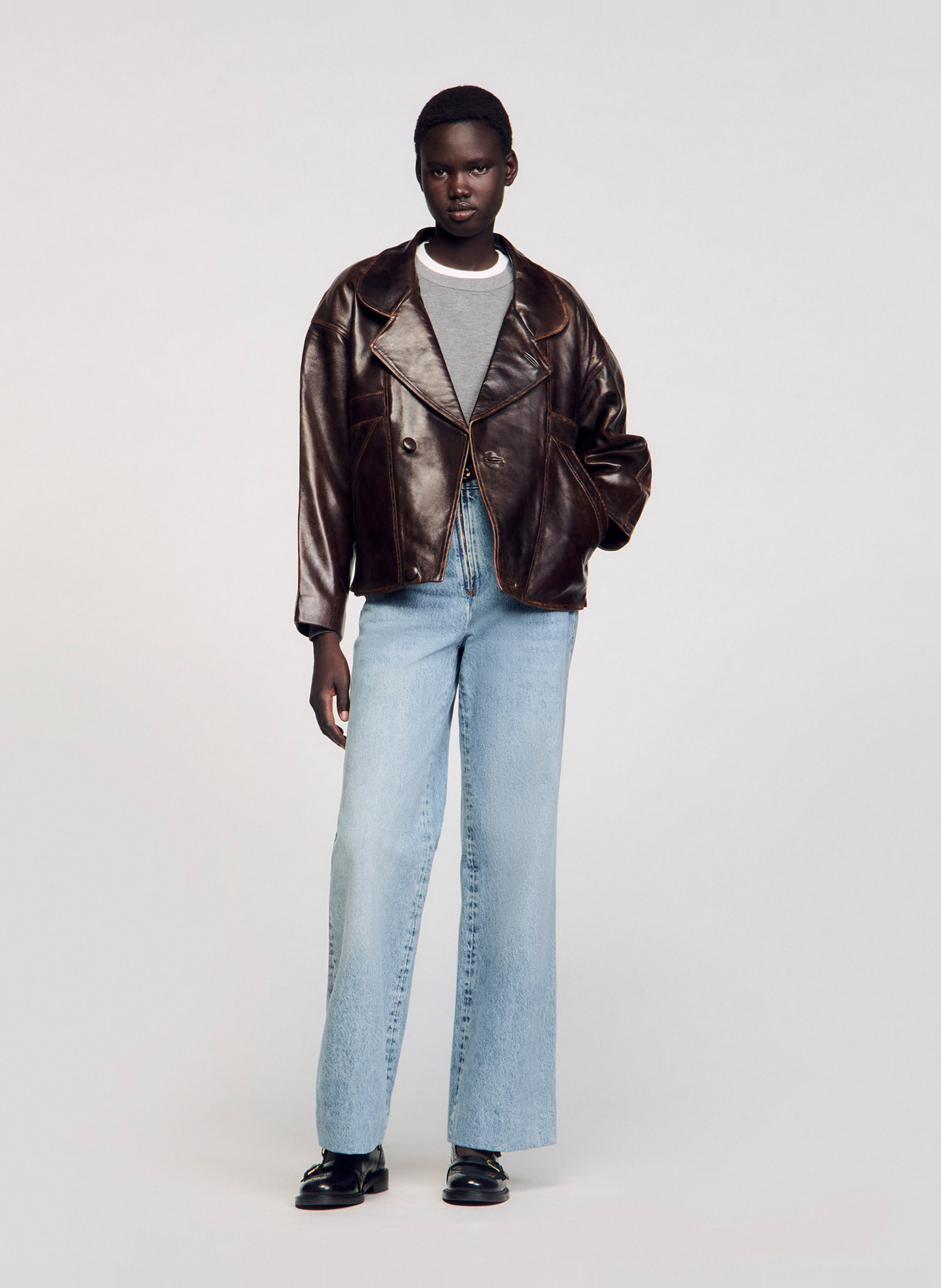 Veste col tailleur en cuir SANDRO Marron