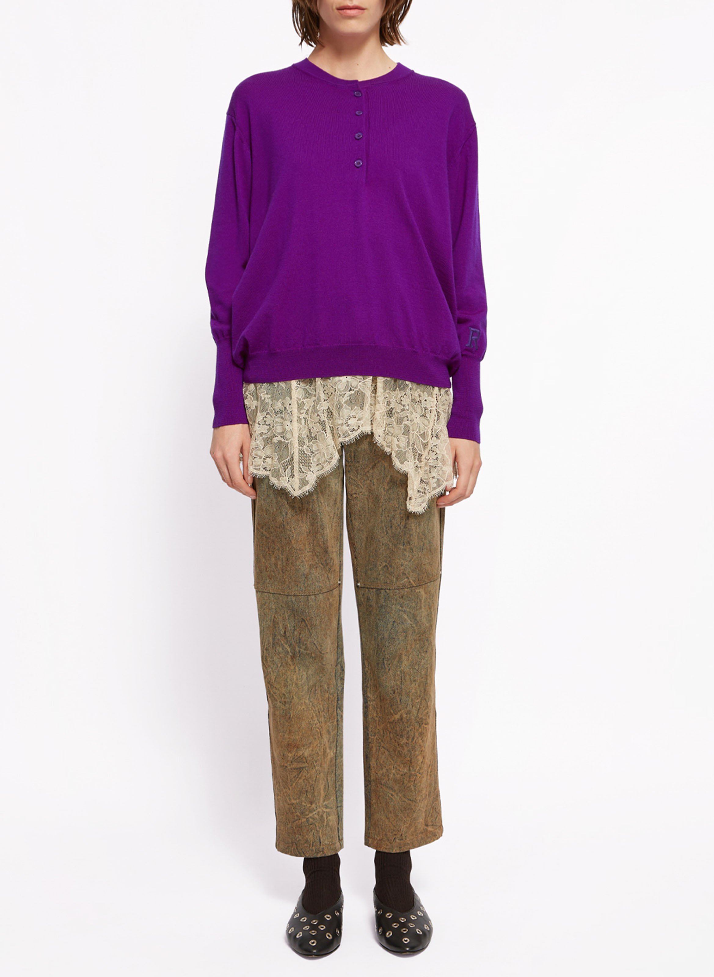 Pull ample col rond brodé en laine vierge ROSEANNA Violet