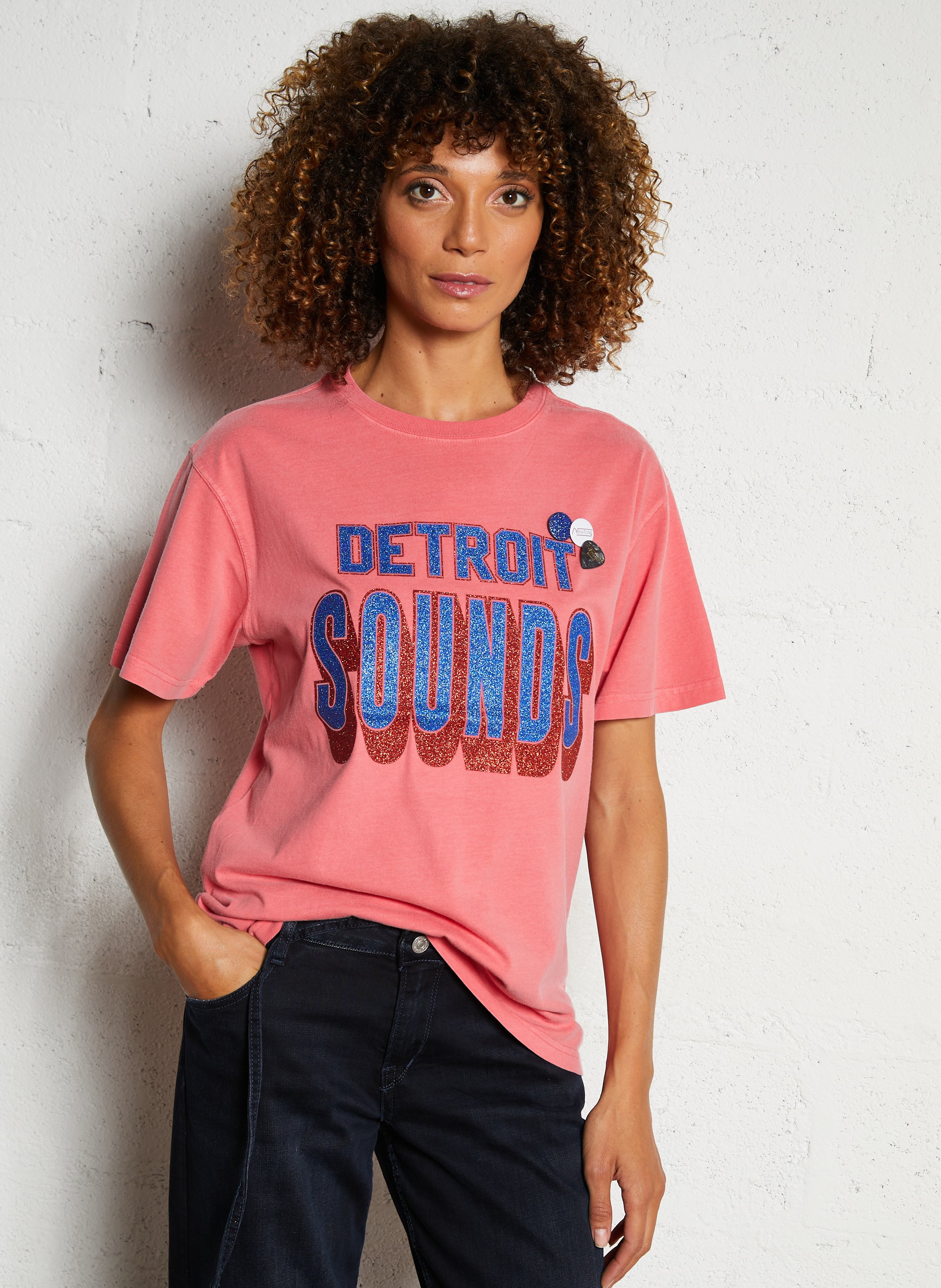 Straight round neck T-shirt with sequin screen print in cotton NEWTONE Pink