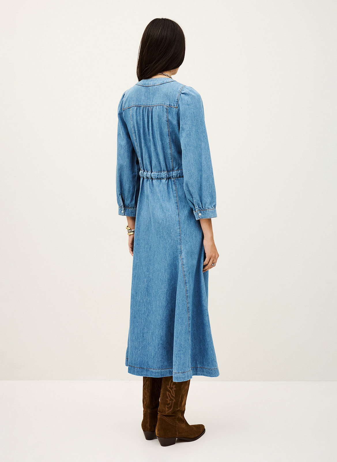 Robe longue col v ceinturée en denim BA&SH Bleu